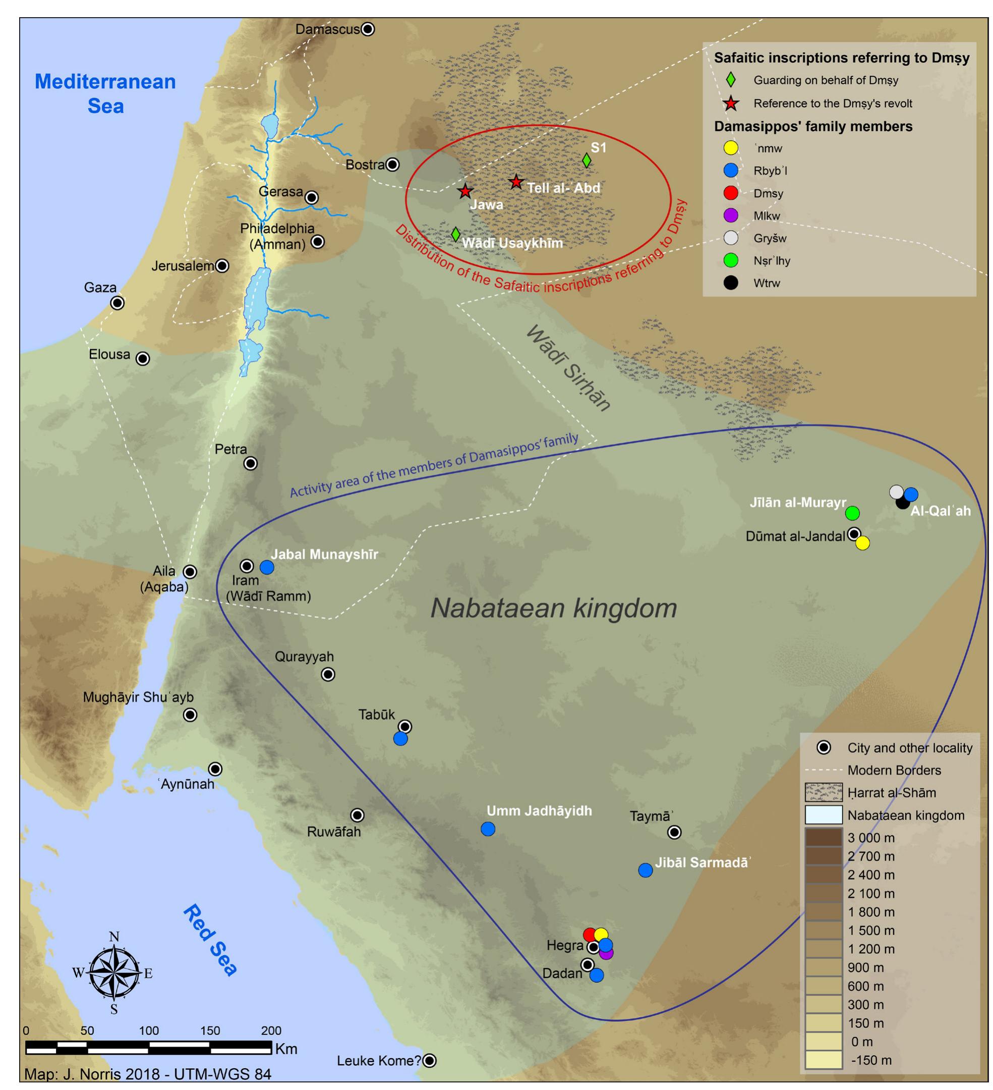 Figure 8. Map of north-west Arabia and the southern Levant showing the distribution of the Safaitic inscriptions referring to Dmsy and the places where the members of the Nabataean family of Damasippos are attested (J. Norris 2018). 