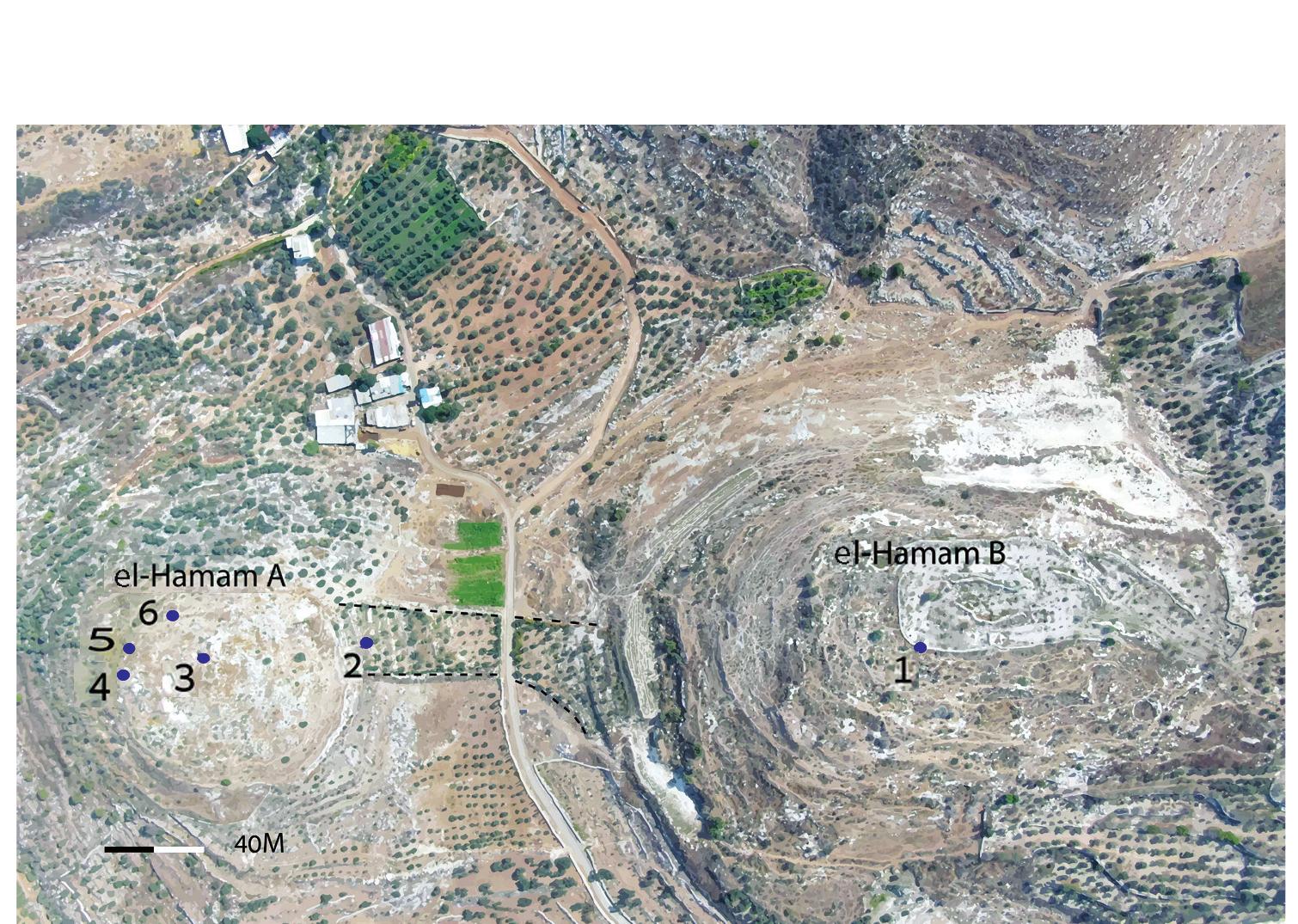 Fig. 2. Aerial photo of the site: 1-‘Gibeon-type’ pits, underground winery; 2-Ramp connecting the hills; 3-The early (Iron Age II?) water system; 4—6-Hellenistic-Roman water reservoirs 