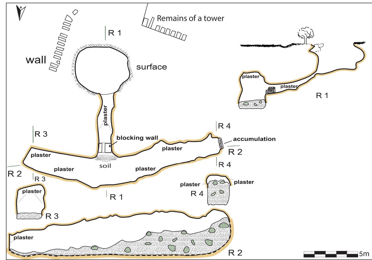 Fig. 7. The early water system — plan and section (drawn by Miri Bar Zion and Amos Frumkin  10t previously mentioned in the survey or Zertal’s later publications of the site.  A large depression, c. 10 m in diameter at the northern end of el-Hamam A’ summit, is visible today in aerial photographs. The depression is 4 m deep, witl in irregular surface. On the northern side is an entrance to an enclosed plastere« channel, which descends gradually underground. The channel’s width varie oetween 0.7 and | m, allowing for relatively easy access (fig. 7). The 7-m-lon; channel leads to the opening of a large subterranean cavity measuring 17 m fron ond to end, 2.5-3.5 m wide, and c. 4 m high (see description below). Almost al its surfaces are plastered, suggesting it functioned as a water reservoir.  TT. aL, ap vvahersrpne, cM ne ek. pte la eect pt were etedbetn edeceee eee Dieta «<i! 