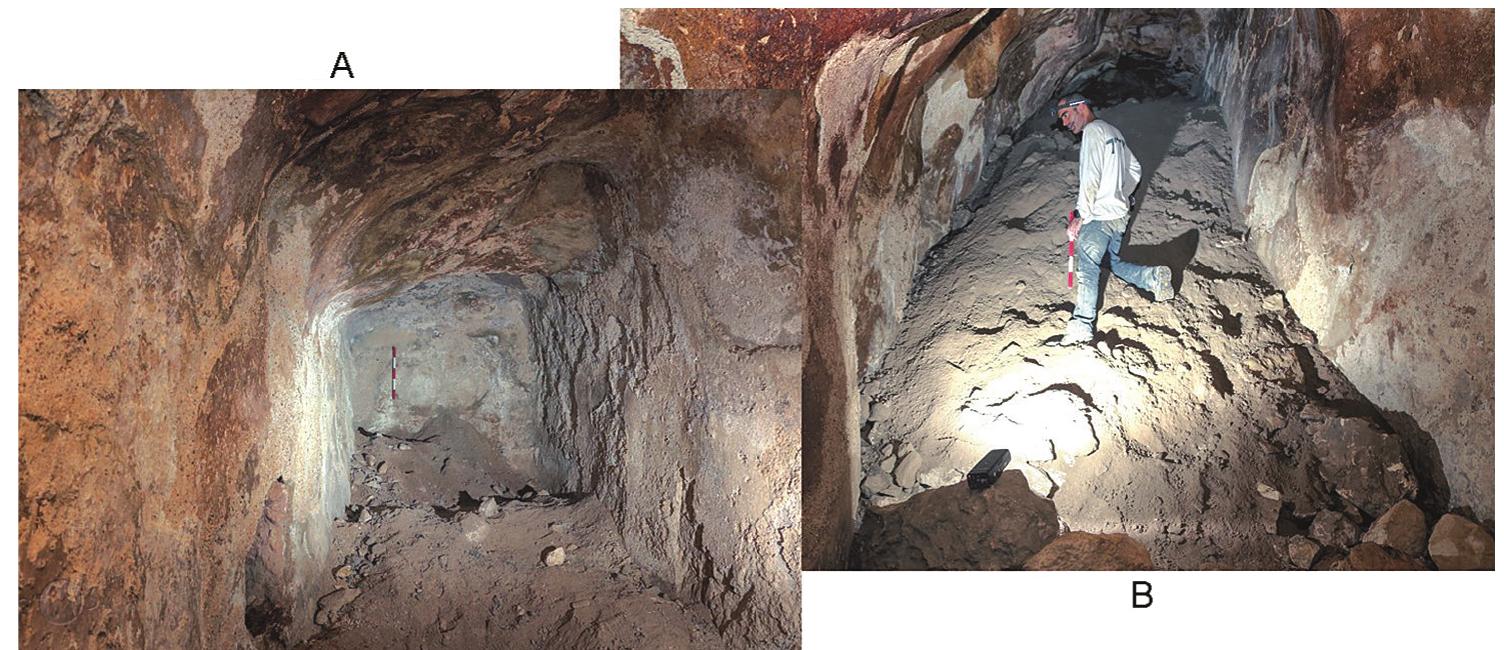 Fig. 10. Eastern (A) and western (B) ends of the early water system  The chamber is hewn in the shape of a long, narrow crescent from east to west (possibly due to the rock’s fractures or to prevent collapse) and is plastered all over, including the roof (fig. 9B). The walls are irregular with obtrusions and cavities, yet the quarrying has a certain regularity. It reaches its maximum height of almost 4 m at the centre; this decreases to 2.5 m at each end, the apparent result of rubble accumulation. It has an estimated capacity of 340 cu m,’ with the channel holding another 7 cum when full. At the eastern end is a plastered closing wall (fig. 10A), clearly marking the reservoir’s end, while the western end (fig. 10B) is filled with extensive soil, either accumulated over the years or due to a collapse of the western entrance. The second possibility seems more probable, as the eastern end is very clearly defined, whereas the western one remains obscured by rubble. Thus, this section apparently collapsed and filled with soil, probably at the reservoir’s original entrance. During all six visits to the site, the earth was moist at this point; water appeared to have trickled in from the clogged western end, further supporting this as having been the remains of the collapsed entrance. This water system differs in many aspects from the other one at the site, including its size, shape, position, plastering, method of filling, and capacity. It seems to belong to a different, probably earlier period in the site’s history.  