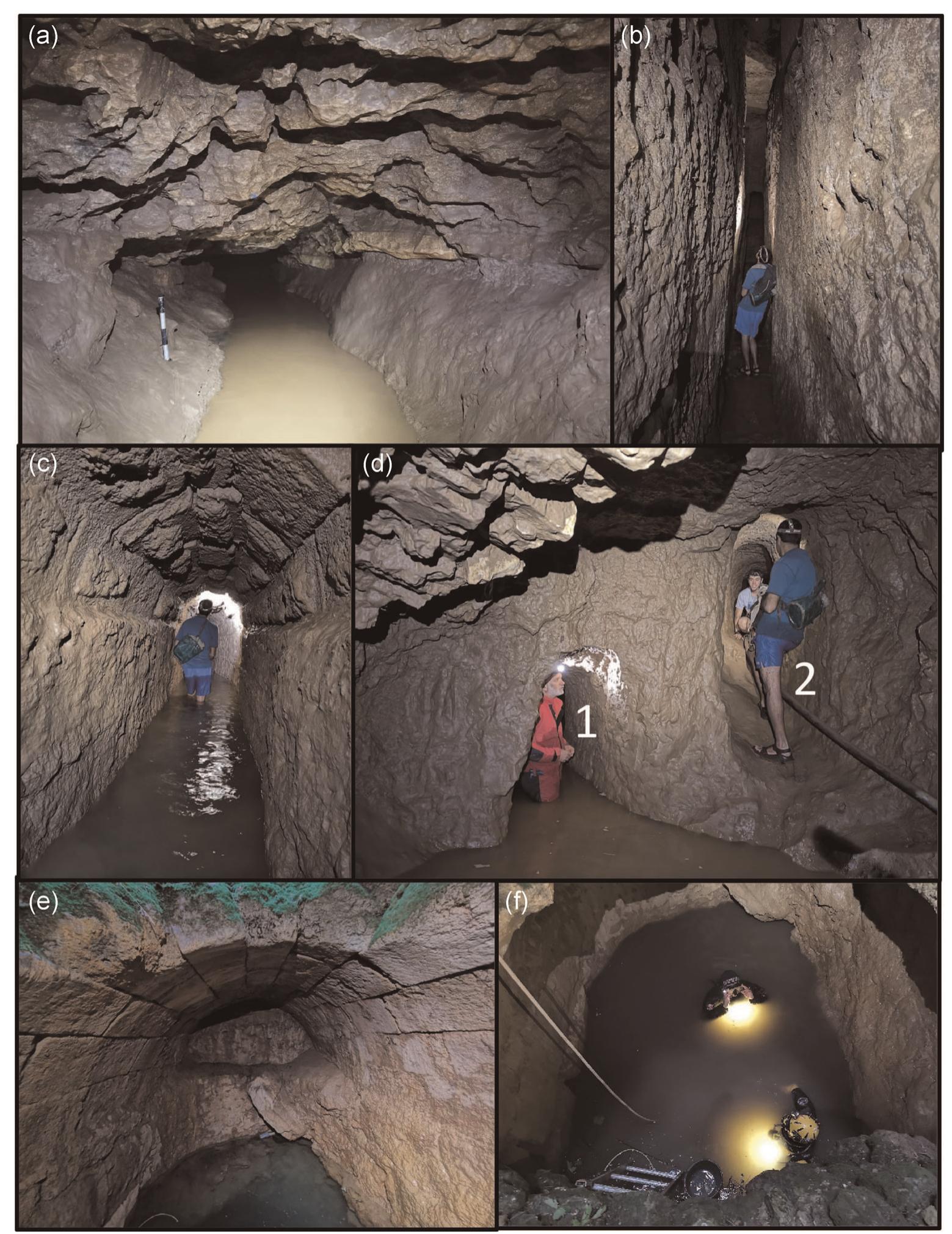 FIGURE 6 _ Various sections of the Biar hewn Shaft Tunnel: (a) Karstic conduit of the Biar spring. (b) Rock-hewn tunnel, 5 m high, covered with stone slabs (Figure 5a, section 3). (c) Rock-hewn tunnel roofed with a barrel vault with roughly chiseled margins (Figure 5a, section 9). (d) Looking south from Shaft 1: Current main tunnel level (1) and abandoned tunnel level (2). (e) Barrel vault made of ashlar at the base of Shaft 6. (f) Diving in Shaft 6 allowed tracing of the tunnel route to the south. The northward downstream passage was blocked (See Figure 7a) (Photos by Y. Negev and A. Yechezkel) [Color figure can be viewed at wileyonlinelibrary.com] 