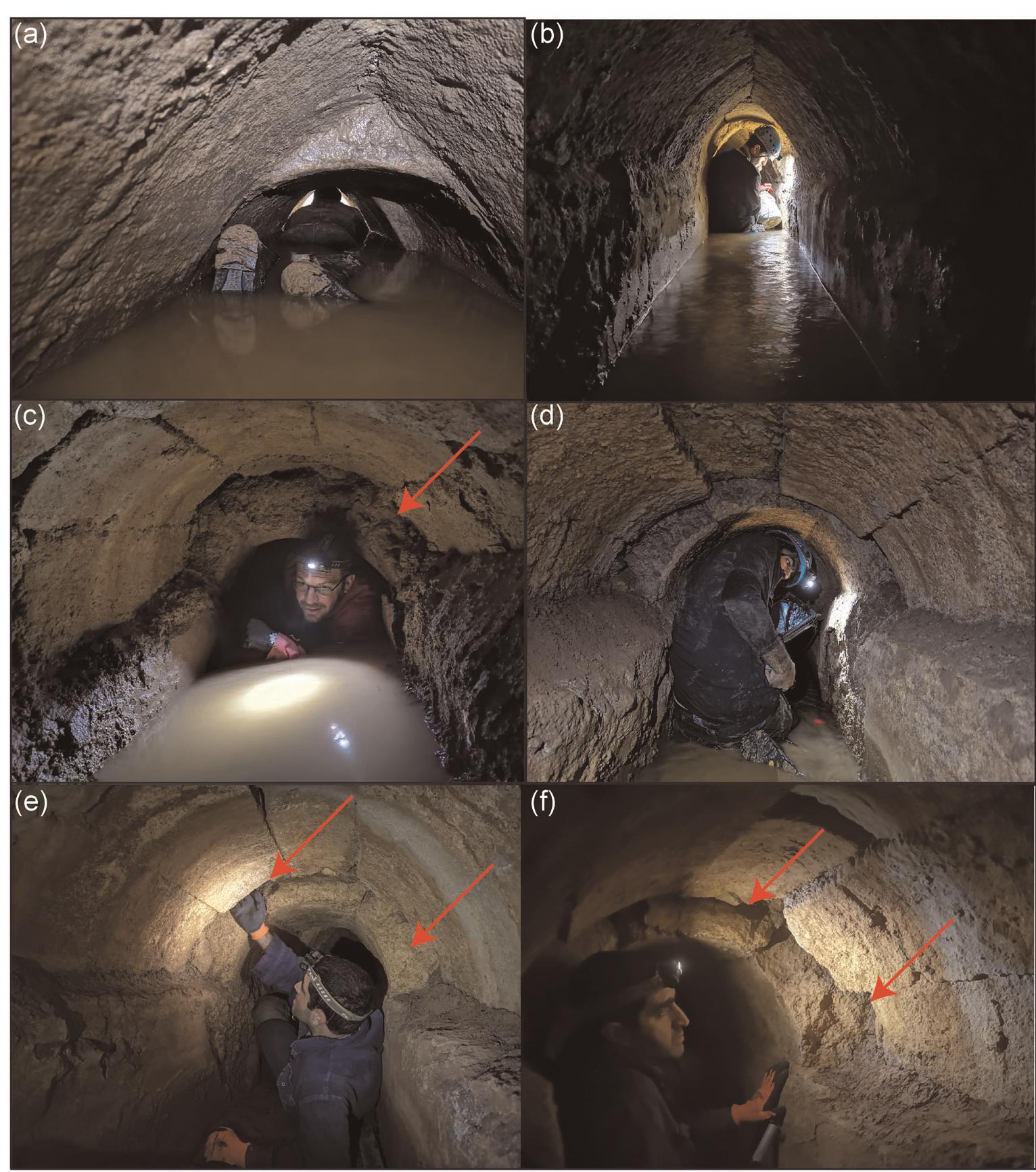 FIGURE 16 Pictures of the channel's specus between Shafts 20 and 22. (a,b) Frequent transitions between arched gable and barrel vaults of three courses. (c-f) Barrel vaults built of five courses, higher and wider than the rest of the channel specus, between Shafts 20 and 22.  Discrepancies between these vaults and the three-course vaults (red arrow) should be noted. We believe these five-course vaults sealed ancient shafts and presented a renovation of the water systems (see Section 5.5) (Photos by Y. Negev and A. Yechezkel) [Color figure can be viewed at  wileyonlinelibrary.com] 