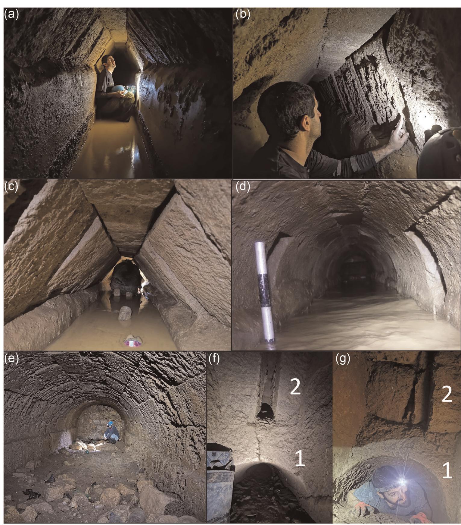 FIGURE 18 _ Ashlar-built channel between Shaft 22 and Shaft 25. (a-c) The channel between Shafts 22 and 23 is roofed with complex gable built of stones with finely chiseled margins. (d) Gutters feeding the channel near Shaft 23 (Figure 17, section 2; Figure 20d). (e) Shaft 23—insid the chamber roofed with a barrel vault looking northeast. (f,g) Channel between Shafts 23 and 24: alternations between barrel vaults made c three courses (1) and simple gables set perpendicularly to the channel (2). The gap between stone slabs should be noted (f), through which a additional ceiling above was detected (Photos by Y. Negev and A. Yechezkel) [Color figure can be viewed at wileyonlinelibrary.com] 