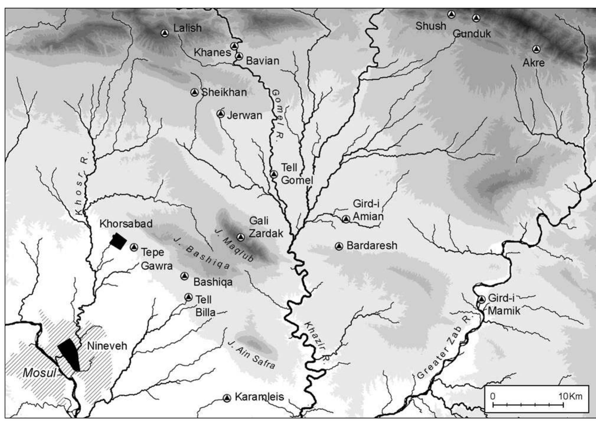 Fig. 1: Navkur and its surroundings. Map by courtesy of Jason Ur  ways including Khinis, Khinnis and Chinnis. In the 1960s  rees, and  Nimrud); ors to the  letter quo Bachmann identified t canal, buil  he village was attractively located  Reade seems to recall a  stone at its south-western corner,  eo-Assyrian remains at  in February 1850 Layard (1853, 207-216), in 1905 L. W. King ed by Bachmann 1927, iii-vi), and in May 1914  (1927, 1-22). In 1934 Jaco  by Sennacherib around  he Khanes remains as standing at the head ofa  on a mound among arge communal mill- ike one at Tell Aqub  he village of Khanes too was destroyed. Visi-  Khanes have included  bsen and Lloyd (1935  690 BC, which carried  water westward to Nineveh, and they identified the Jer- wan remains, which were part of what Layard had de- scribed as a “well-built raised causeway of stone, leading to Bavian from the city of Nineveh”, as an arched aque- duct over which this canal flowed (Fig. 3). Ur (2005, 335-339), using air photographs, showed that Sennache- rib’s canal also at some stage supplied water to Navkur west of the Gomel. Future visitors to Jerwan should be aware that, when we were there in 2009, low signposts a few yards north of the stonework warned of the presence of one of the minefields laid under Saddam.   ways been somewhat isolated from the plain of Nineveh, and they have contributed to some neglect of Navkur among historians. Also, areas such as this on the Zagros fringes have often been insecure, with different commu- nities competing for control: consequent practical and political difficulties have tended to restrict academic ac- cess. Over the years numerous archaeologists have been active in the Tigris valley closer to Mosul: work began in the 1840s at many sites, including Nineveh, Nimrud and Khorsabad; in the 1920-30s it extended to prehistoric sites, including Arpachiyah and Tepe Gawra; there has been much more activity since 1950, especially during construction of the Eski Mosul dam about 1980-85.  