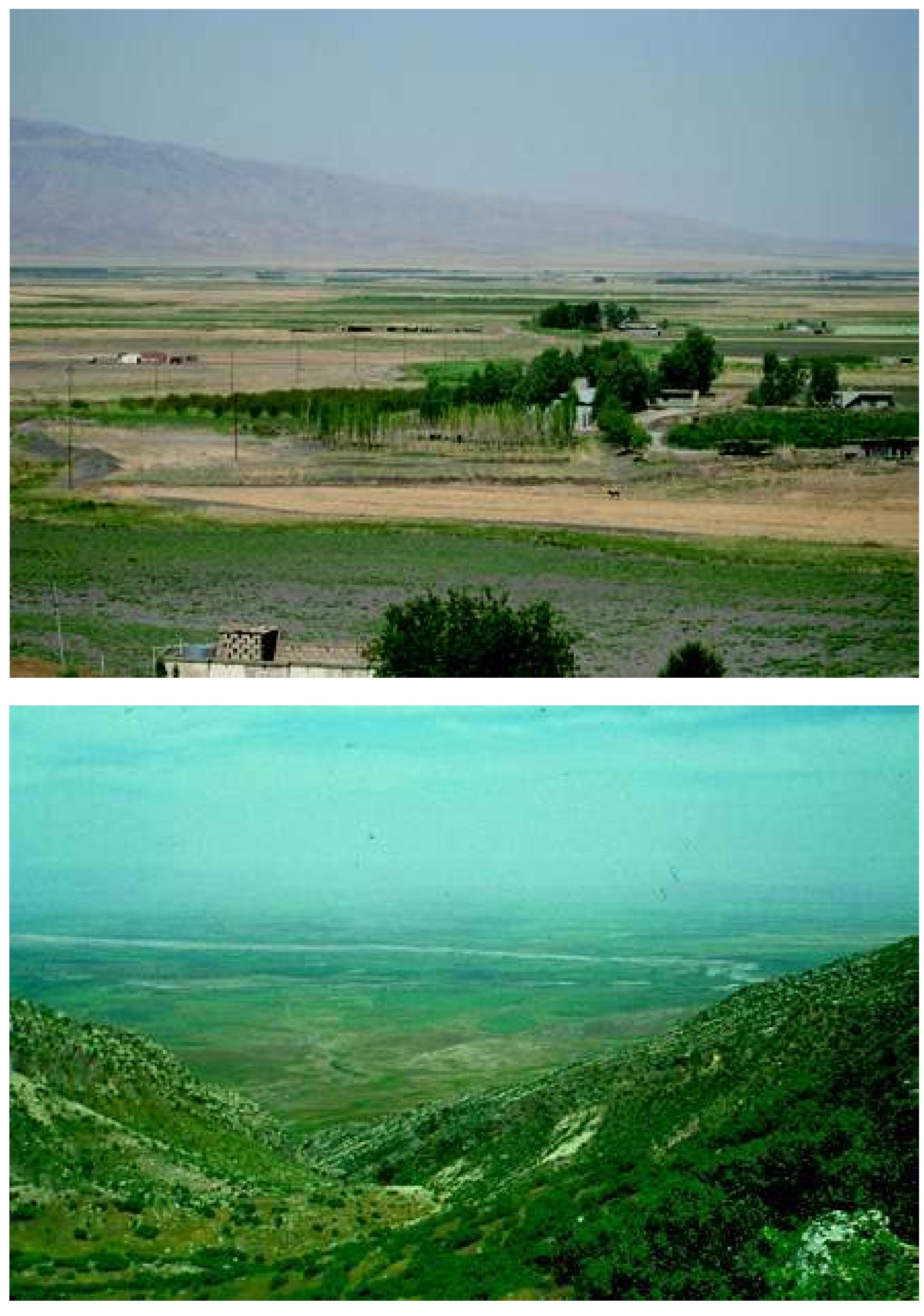 Fig. 2: The plain of Navkur. Above: looking west from Gird-i Amian towards Jebel Maqlub. Photograph: authors, June 2009. Below: looking north-east from Jebel Maqlub, with bed of Khazir in middle distance. Photograph: R. M. Boehmer, May 1978 