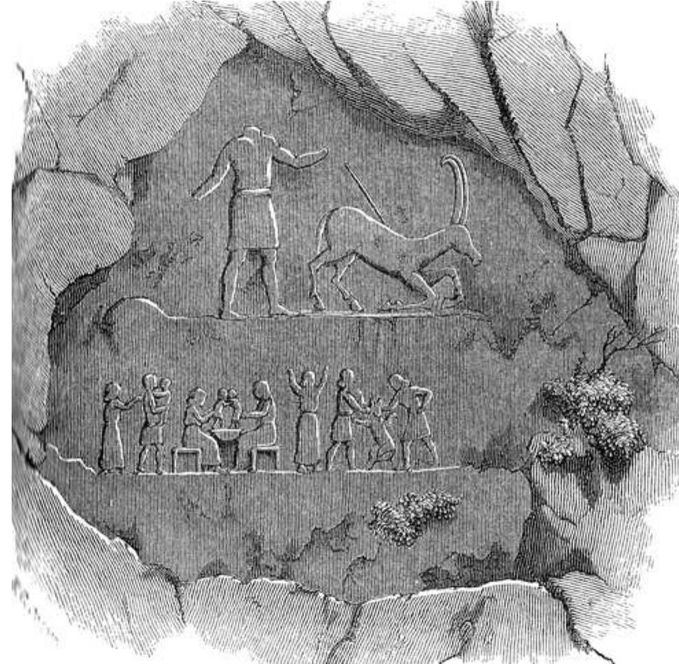 Fig. 14: Gunduk: Panels 1-2. Engraving after drawing by F. Cooper, July 1850. Layard (1853, 368) 