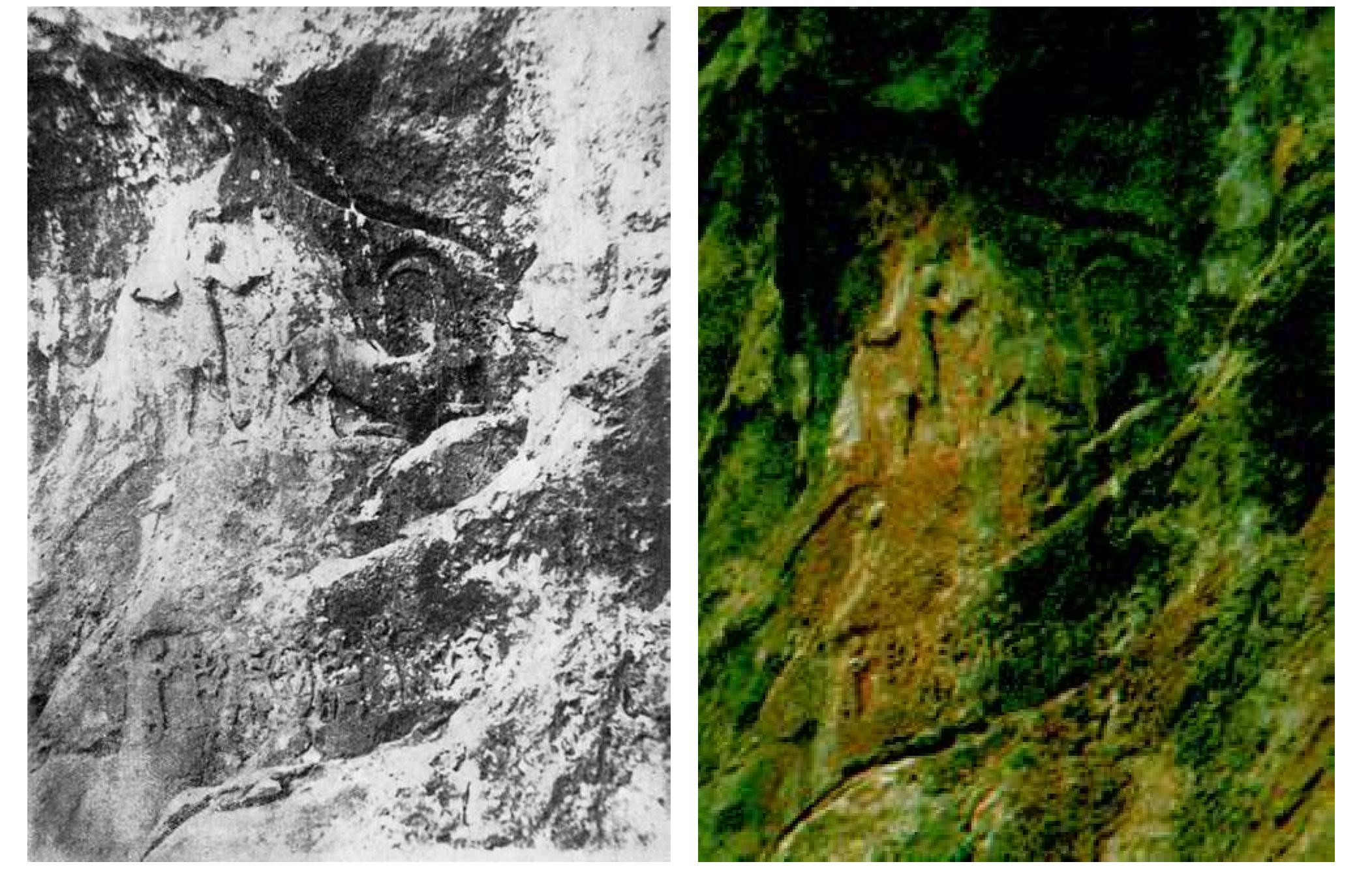 Fig. 16: Gunduk, Panels 1-2. Photograph: A. Manoogian, October 1947. Al-Amin (1948, pl. 7)  visitors, who had opportunities to go to Gunduk before 994, include British officers and officials, and members of several archaeological teams over the years. Joan Oates has told us, however, that when she was working at Nim- rud in the 1950s and travel was easy, Max Mallowan led several Friday expeditions to Akre, Khanes, Jerwan, and Lalish, as well as to Maltai further west, but she never saw Gunduk. Similarly, when Reade was at Nimrud, Rimah and Taya during 1962-73, and there were opportunities on Fridays to visit sites of interest, he was barely aware of Gunduk himself and does not recall ever hearing it men- ioned as a possible destination. Once the better-known places like Khanes had been visited, there was little time o go anywhere else in the Navkur region, and in any case it would have been difficult to find the Gunduk track. Other people may have been similarly distracted. A prom- ising place in which to look for more photographs would be among the archives of the various churches (Assyrian, Roman, Protestant) which have been involved with the village and monastery.   cave the hunter in Panel 1 and all of Panel 2 were missing, clearly removed by an explosion which had left little more than the front of the wild goat (Fig. 18). We have since been told that, according to an informant in Akre, the da- mage was done in 1994 by a party of people including Tur- kish dealers who hoped that the existence of the sculpture pointed to the presence of gold in the rock behind it. The missing fragments are presumably scattered among the  scree. 