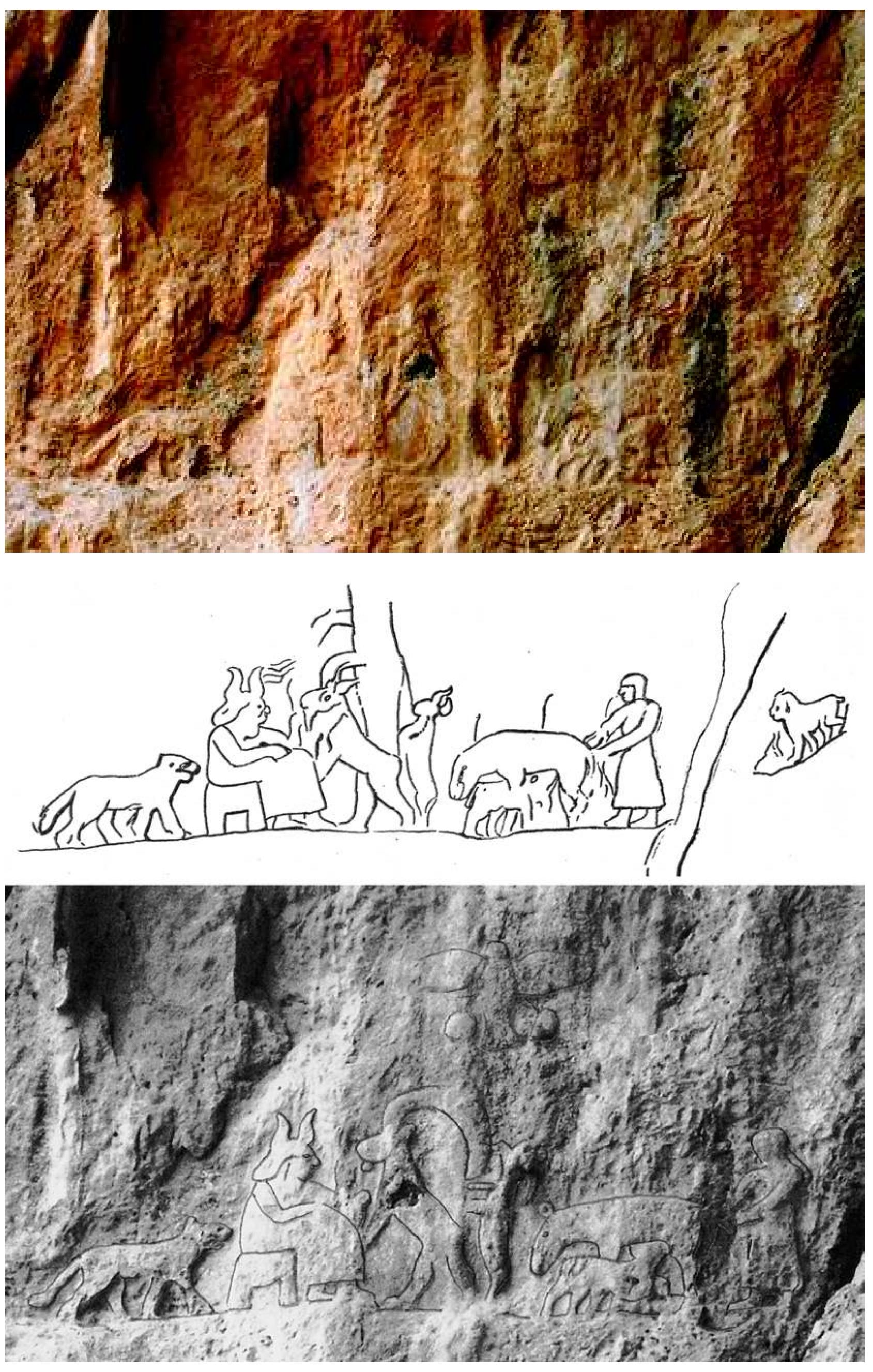 Fig. 27: Gunduk: Versions of Panel 3. From top down: authors’ photograph, June 2009; drawing by Al-Amin (1948, Pl. 13); photograph with details outlined 