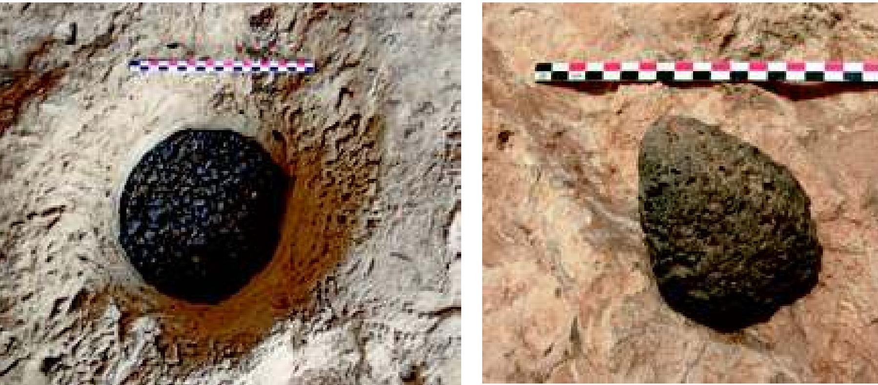 Fig. 34: Gunduk: Depression in rock at front of main cave. Photograph: authors, June 2009  Fig. 35: Gunduk. Basalt pestle from slope below cave. Photograph: authors, June 2009  like Ashur, Nineveh and Taya that, in broad terms, the or- dinary material culture of northern Mesopotamia in the mid and late third millennium BC was distinct from that of southern Iraq, as it usually was before and afterwards, but here is also a modest stream of evidence pointing to simi- arities in matters like iconography and ritual conven- ions. An Early Dynastic pendant of lapis lazuli, in the form of a worshipper, which was excavated beside the Ish- ar Temple at Nineveh, is one example (Gut et al. 2001, Abb. 9, 115). Another possibility is the head of an Early Dynastic alabaster statue of a dedicant (Fig. 36); this may have been excavated at Nineveh, although the provenance is uncertain (Reade 2000, 85). The Gunduk sculptures complement this evidence.  