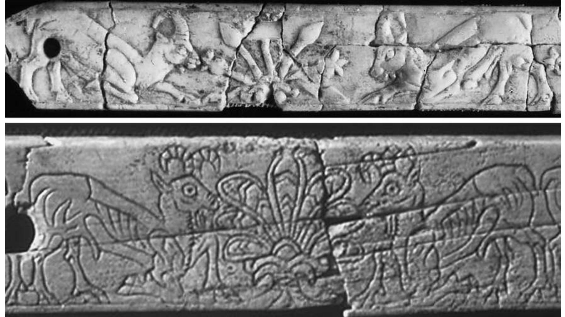 Fig. 37: Wild goats, ivory, ninth century BC, from Nimrud (ND 10498, 10519). © British Institute for the Study of Iraq. By courtesy of Stuart Laidlaw  “Meanwhile Gotarzes, at a mountain called Sanbulos, was making offerings to the local gods, especially to Hercules who, at a time set through a dream, instructs the priests to place horses equipped for hunting near the temple. The horses, carrying quivers full of arrows, roam through the valleys by night, and finally return with empty quivers, panting heavily. Again in a nocturnal vision the god reveals where he has gone in the woods, and prostrate animals are discovered every- where.” 