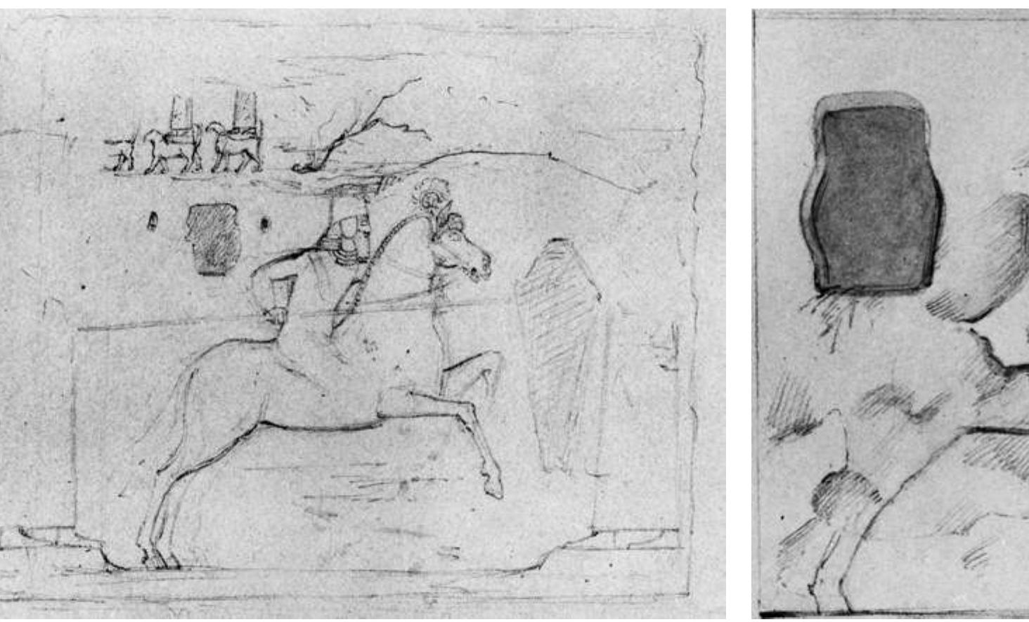 Fig. 43: Khanes: Rider Relief. Drawing: T. S. Bell, May 1851 (Original Drawings II, 24). © Trustees of the British Museum  Fig. 42: Khanes: Rider Relief. Drawing: Layard, February 1850 (Original Drawings IV, Misc. 17). © Trustees of the British Museum 