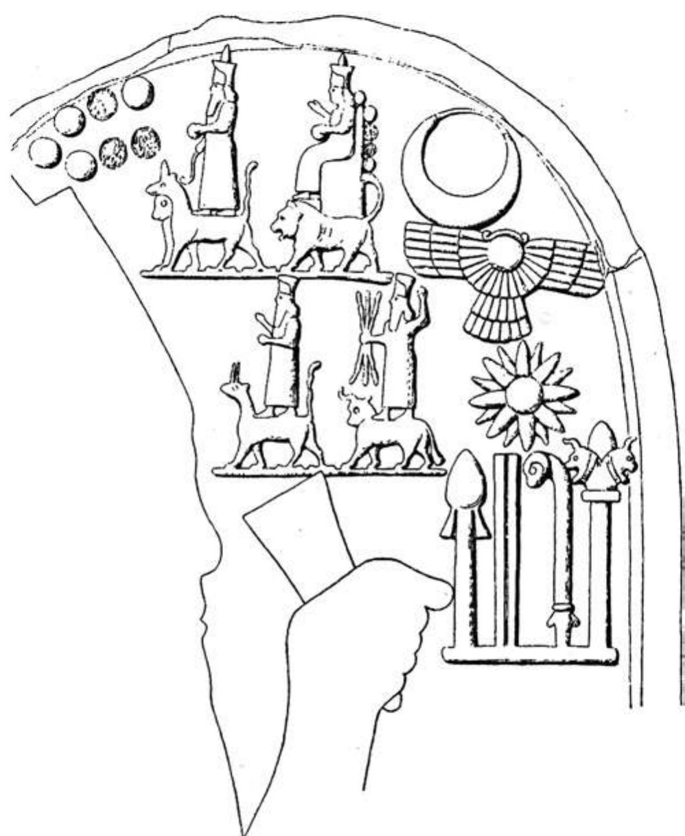 Fig. 51: Sam’al: Divine symbols on Esarhaddon stela. Bachmann (1927, 39, Abb. 26) 