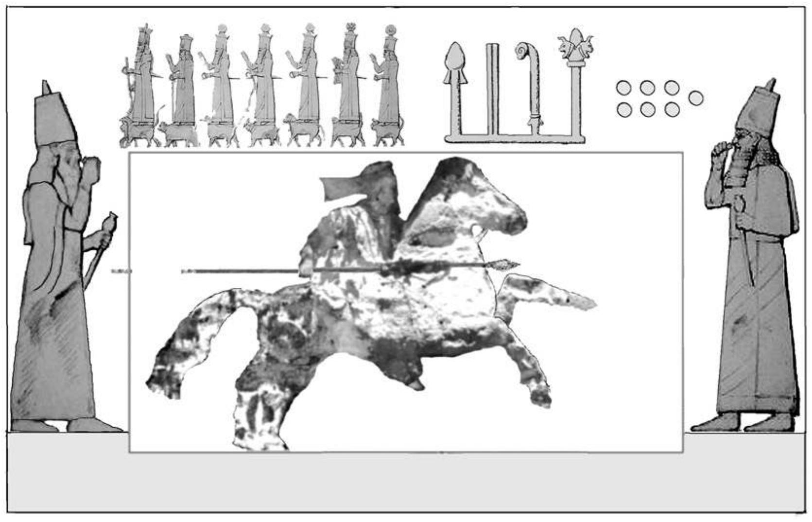 Fig. 59: Khanes: Rider Relief. Proposed appearance of horse and rider, with suggested lance, 1st century BC/AD. Not to scale. Drawing: J. E. Reade 