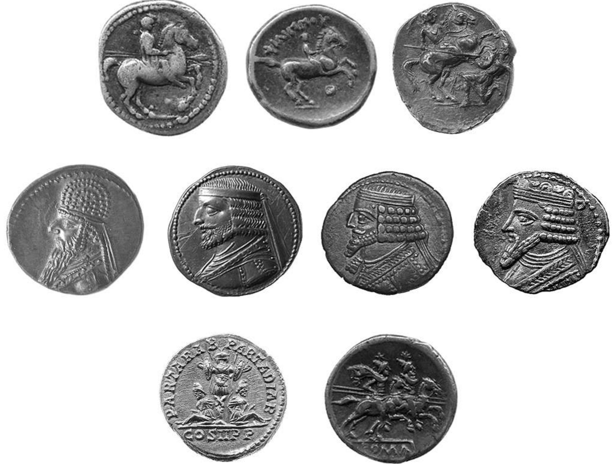 Fig. 60: Top row: Horsemen, from left to right: coins of Perdiccas II of Macedon (c. 454-413), Philip Il of Macedon (359-336, celebrating victory in Olympic horse-race, 356), and Patraos of Paeonia (c. 335-315).  Middle row: Coins of Parthian kings, from left to right: Mithradates II (c. 123-88); Artabanos II (c. 80-77); Phraates IV (c. 38-2); Gotarzes II (c. AD 40-51).  Lower left: Coin of Septimius Severus with Parthian representatives of Arabia and Adiabene beneath Roman victory trophy, c. AD 195. Lower right: Roman coin, 157-6 BC, showing Dioscuri armed with sarissa.  Not to scale. All © Trustees of the British Museum, except Gotarzes Il, © T. K. Mallon-McCorgray. 