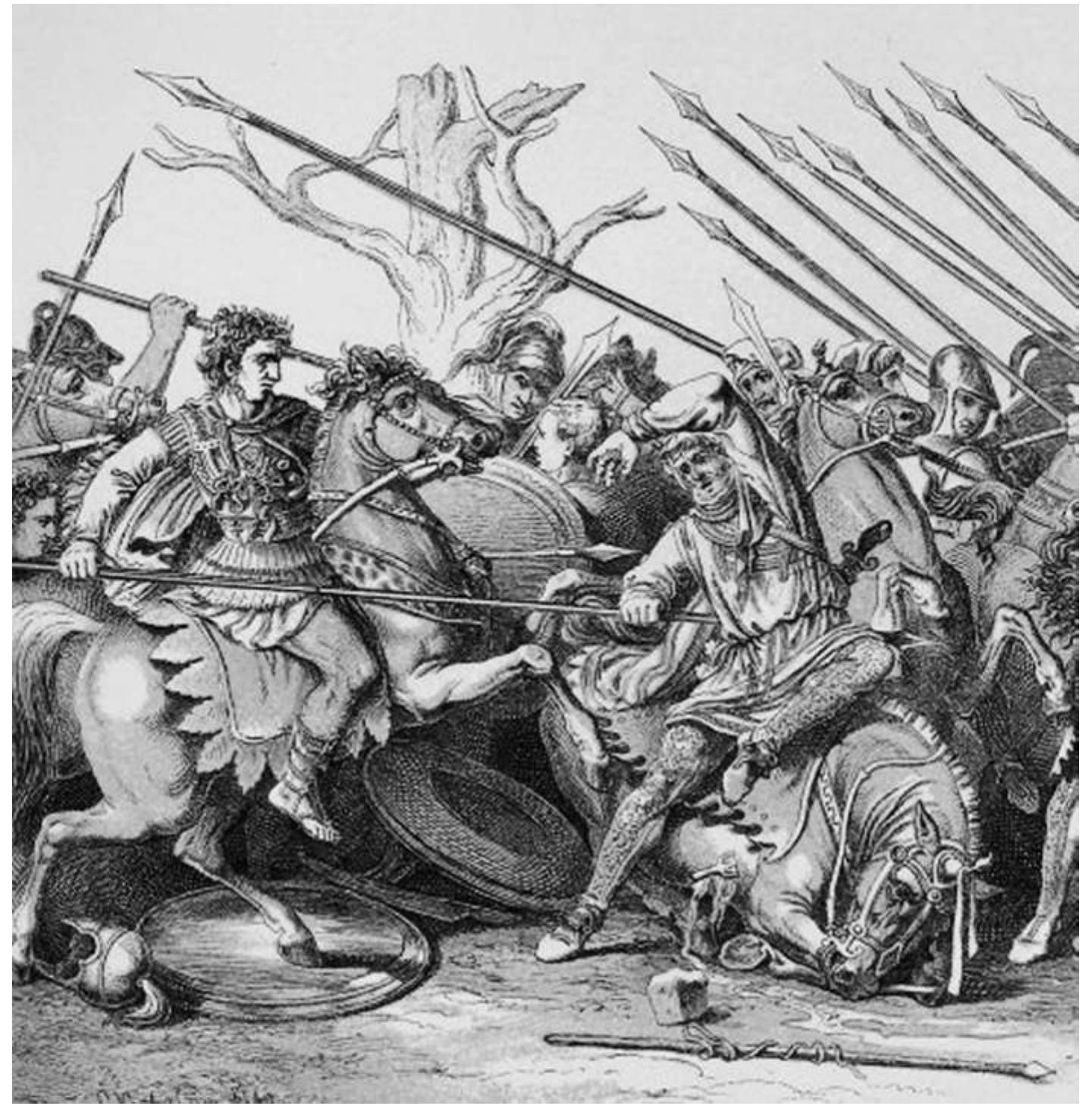 Fig. 64: Detail of the Alexander Mosaic, from Pompeii, with extensive restoration, 1893. PD-Art 