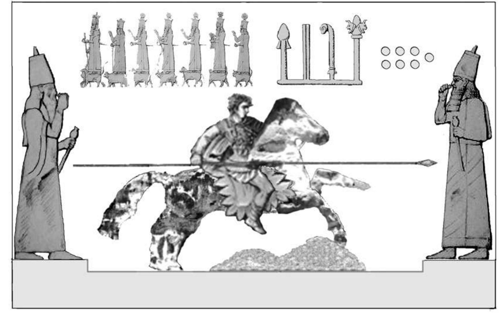 Fig. 66: Khanes: Rider Relief. Hypothetical reconstruction of panel as memorial of Gaugamela, c. 331 BC. Not to scale. Drawing: J. E. Reade 