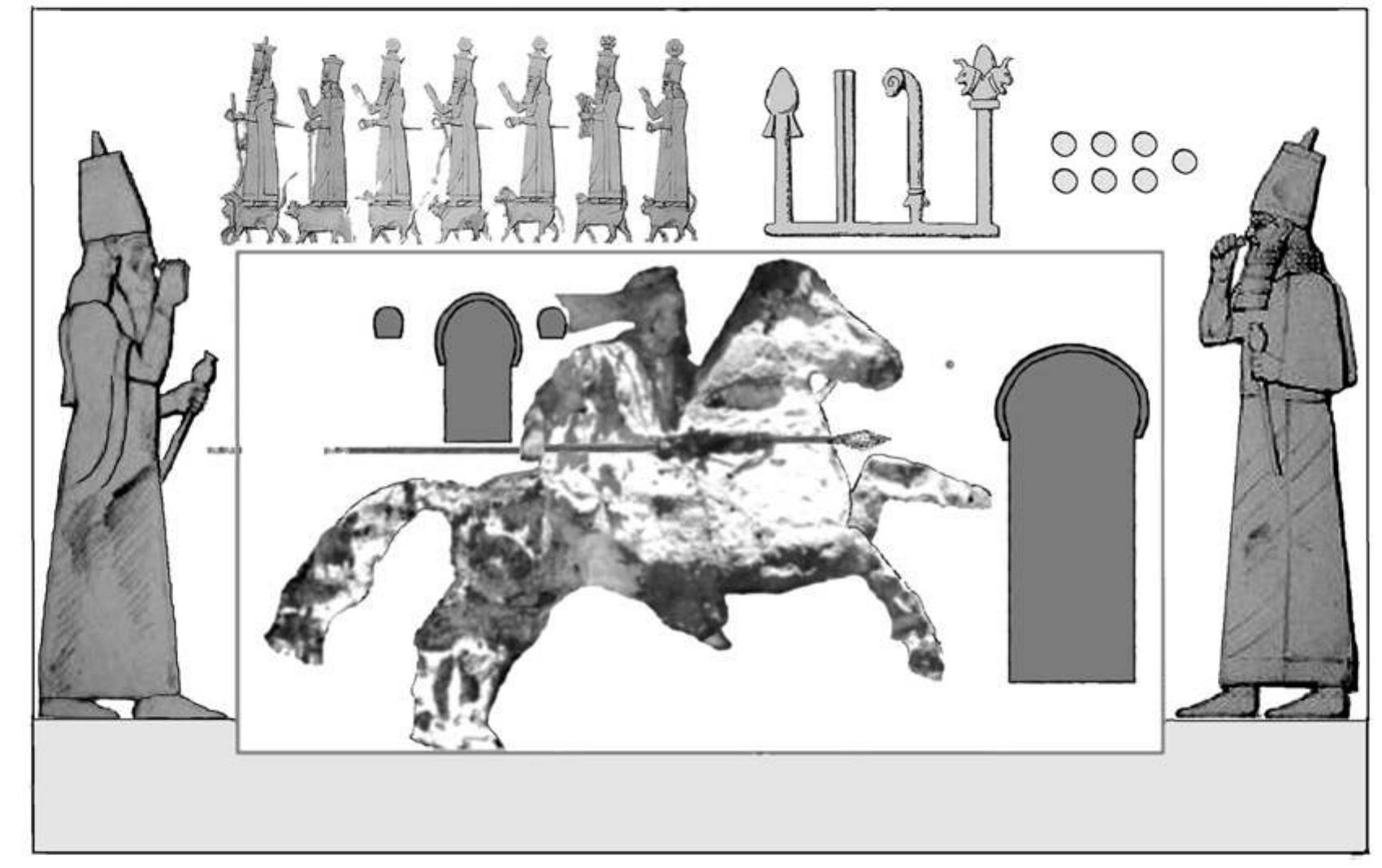 Fig. 68: Rider Relief: Proposed appearance of tomb facade, c. AD 350. Not to scale. Drawing: J. E. Reade 