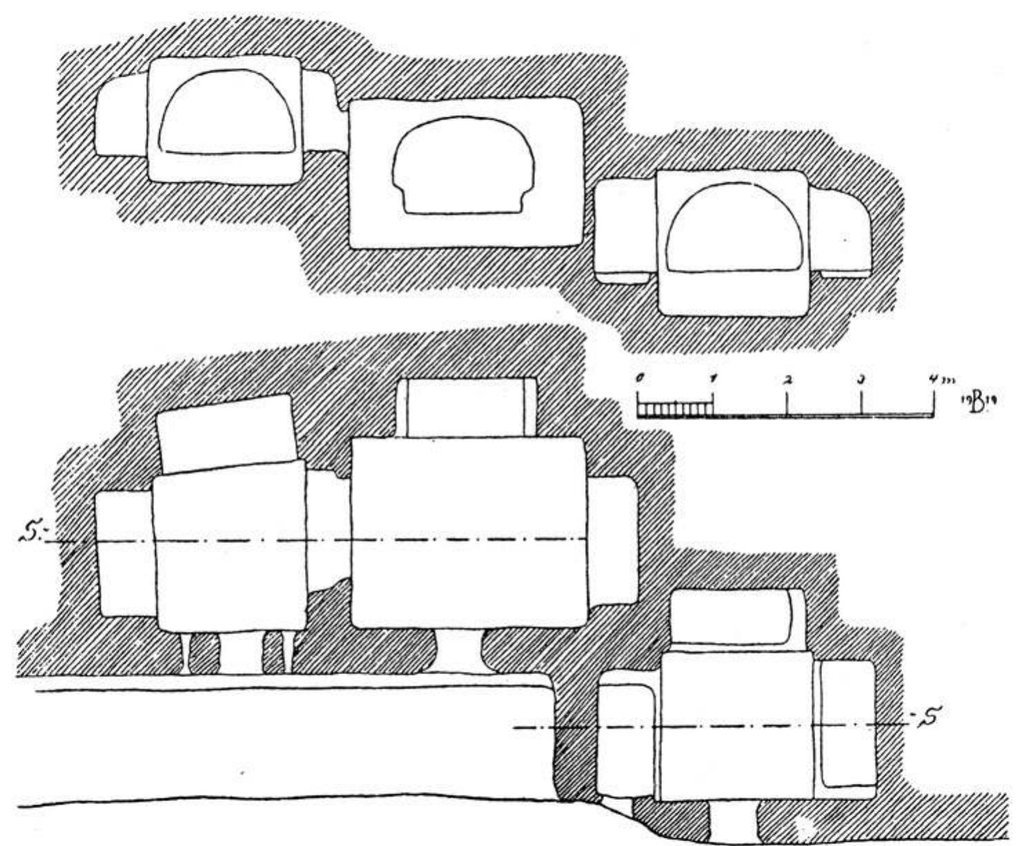 Fig. 69: Rider Relief: Section and plan of tombs. Bachmann (1927, 6, Abb. 7) 