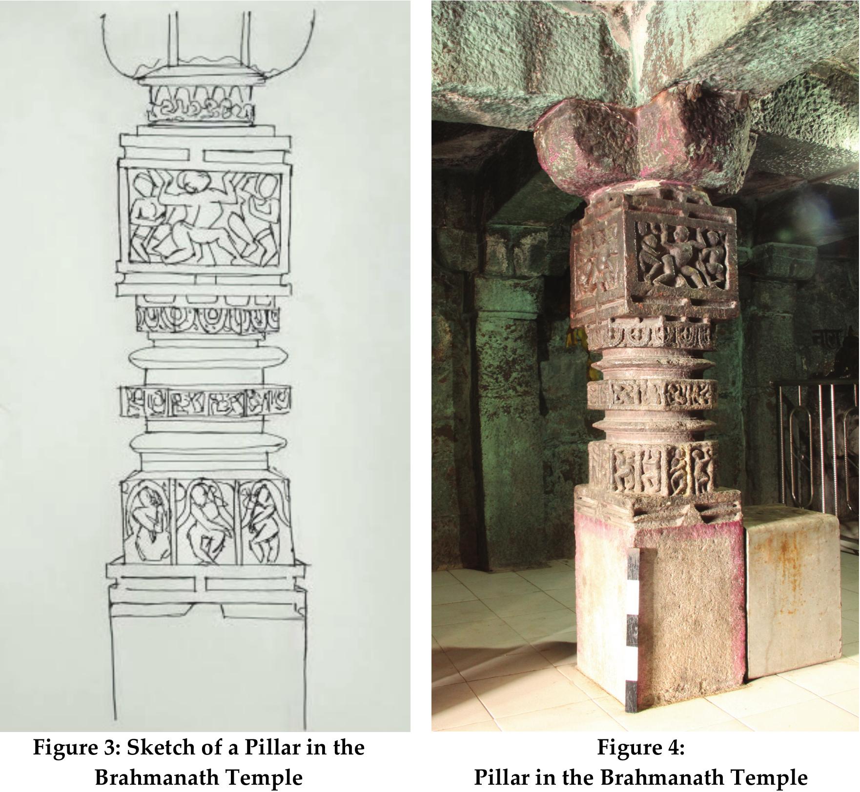 n  [he rectangular bases of the pillars of the first category are devoid of any decoration.  -  [hey are followed by three rows of octagonal brackets of different thicknesses interspersed with two rows of discs. These brackets are followed by a square bracket at the top. The octagonal brackets mainly bear different types of yogic postures. Depictions on the square portion include different types of rites and rituals, dancing and singing scenes (Figs. 3 & 4).  Pillars of the second category are square from top to bottom. They bear depictions o: rituals and some gods and goddesses.  Depictions on the square portion include different types of rites and rituals, dancing 