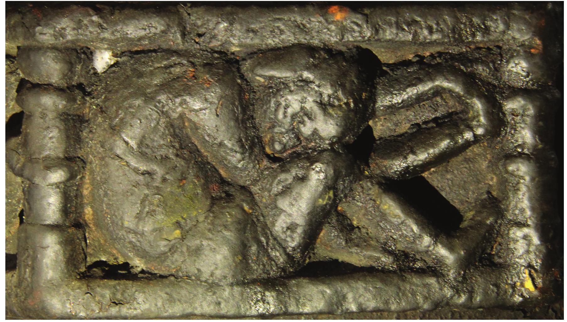 Figure 54: Ardha-Pashchimottanasana  Figure 52: Gherandasana  Figure 53: Urdhva Upahavishta Konasana  Pada-pashchimottanasana: It is depicted on the southern side of the pillar on the middle bracket. The person is shown seated towards right with his legs fully stretched.  He is bent forward and is holding the right foot with his right hand. Facial features are not clear owing to the eroded nature of the figure (Fig. 50). 