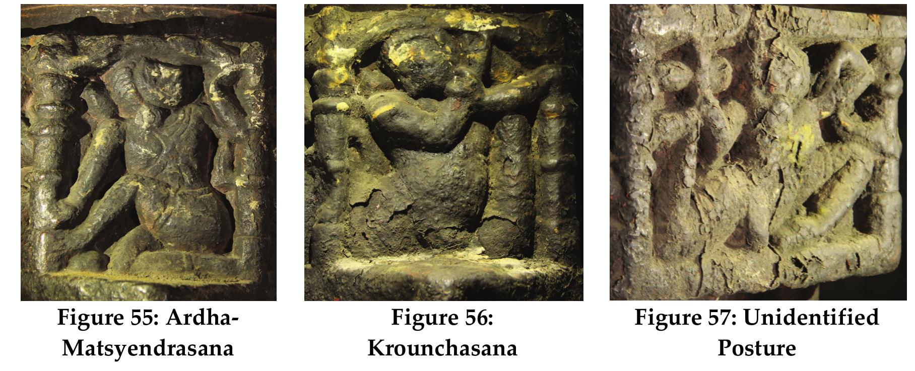 Anantasana: This posture resembles the reclining posture of Vishnu and hence the nomenclature (Iyengar 1992: 246-247). It is depicted on the south-western side of the pillar on the middle bracket. A person is shown in the reclining posture with the  support of his right hand to his head. His left hand is shown resting on his hip. Legs are stretched and are bent at the knees (Fig.51).  Anantasana: This posture resembles the reclining posture of Vishnu and hence the  nomenclature (Iyengar 1992: 246-247). It is depicted on the south-western side of the 