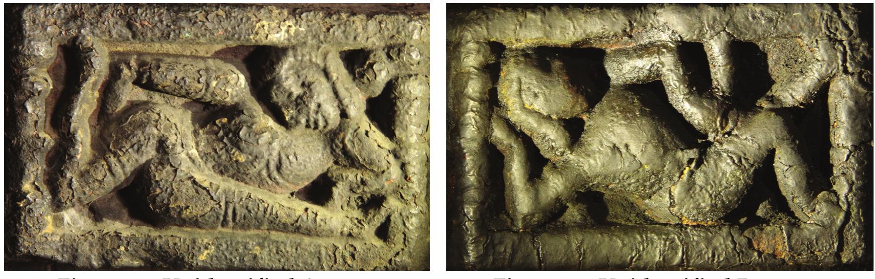 Gherandasana (sage Gheranda’s pose): It is depicted on the western side of the pillar on the middle bracket (Fig.52).The person is shown sleeping on his belly. His chin is touching the ground. His left leg is turned upwards and is probably held by his right hand. His left hand is shown touching his right knee. It is quite possible that the complete representation of this and other asanas was not possible owing to the constraint of the space.  middle bracket. It is depicted in frontal view unlike other postures which are mostly 