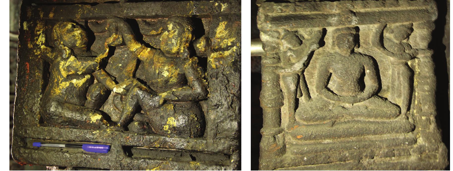 Figure 72: Initiation Rite  Figure 73: Meditation  The eastern panel of the middle bracket depicts a person with his right leg turned backwards and the left one folded in the knee and is placed near the crotch. His right hand, which is turned upwards, is shown holding an object. His left hand is stretched horizontally and is bent at the elbow. The figure is much eroded and hence many features are not clear (Fig. 57). 