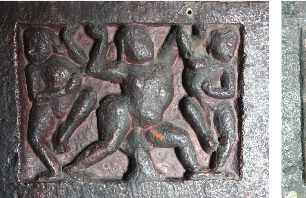 The panel on the north-western side of the middle bracket depicts a figure in a reclining posture. His head is shown resting on his right hand. His right leg is bent in the knee while the left leg is stretched upwards. His left hand is shown resting on the knee portion. There is a depiction of some vertical cylindrical protrusion which could be a representation of phallus (Fig. 59). 