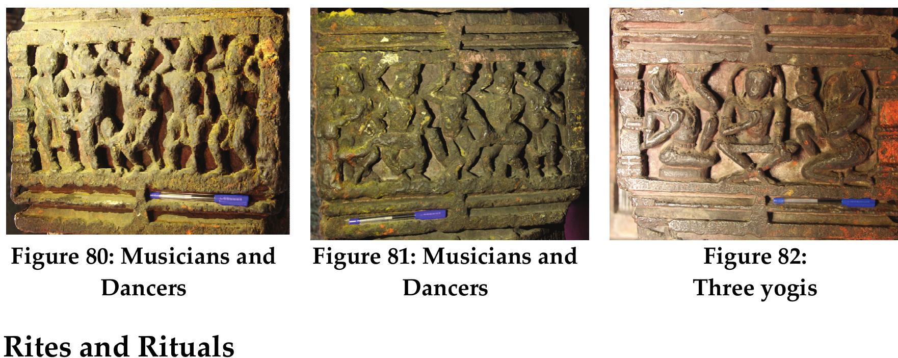 There are certain rites and rituals depicted on pillars which display similarity with  Lantin trAtitinnc  The panel on the northern side of the lower bracket depicts a figure seated towards right in sukhasana. He is probably blowing a conch held in his both hands. Some cloth appears to be draped over his right thigh. His hair is tied in a bun. His right earlobe is elongated and is touching the shoulder (Fig. 65). 