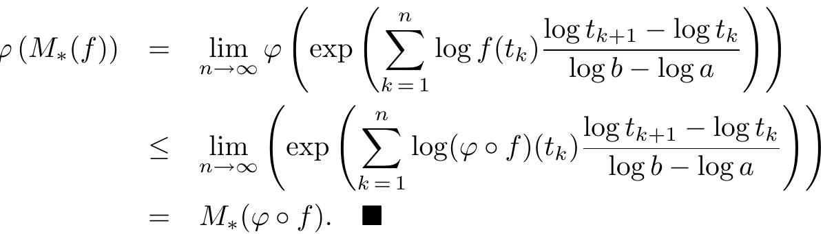 which yields, by the multiplicative convexity of y,  The multiplicative analogue of Jensen’s Inequality is the source of many inter- esting inequalities. We notice here only a couple of them. First, letting y = exp t® (a > 0), we are led to the following concavity type property of the log function:  for every a > 0 and every function f as in the statement of Theorem 2.1 above. Particularly, for f = e’, we have 