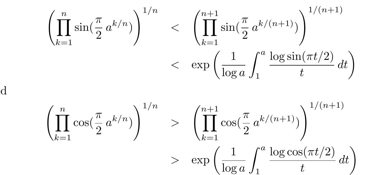 The same argument, applied to the multiplicatively concave functions sin 3* anc cos 2% (cf. [8], p.159) gives us  for every a € (0,1); they should be added to a number of other curiosities noticed recently by G. J. Tee [14].  The following result answers the question how fast is the convergence which makes the subject of Theorem 4.1 above: 