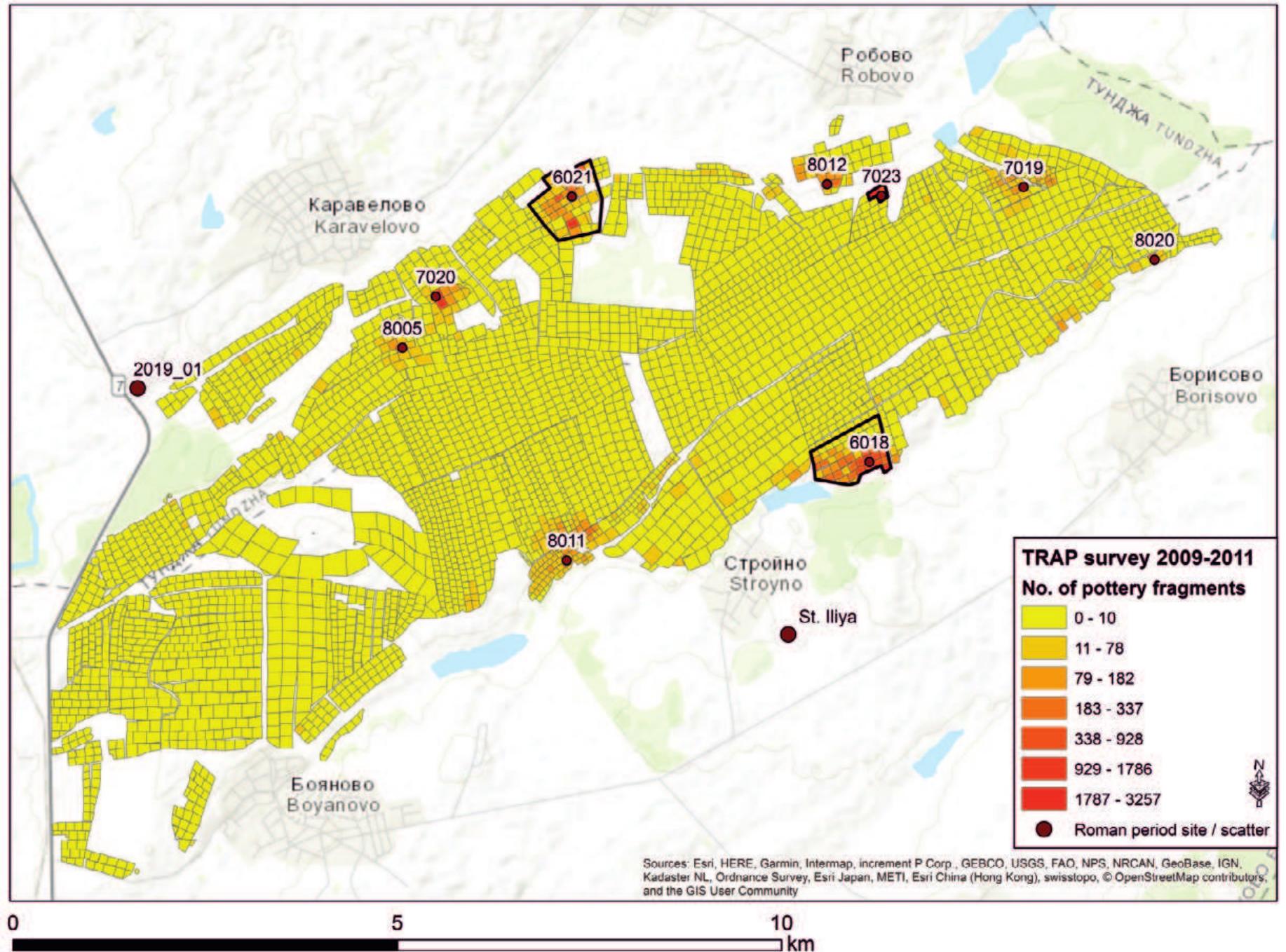Fig. 2. The area between the Gerenska and Dereorman rivers surveyed by TRAP in 2009 showing surface scatters dated to the Roman period with highlighted scatters TRAP nos. 6021 and 7023, which were re- surveyed, and TRAP no. 6018, marking the site of Yurta-Stroyno. Added to the map are the scatter found in 2019 near Karavelovo (2019_01) and the site of St. Iliya (the map is based on Ross et al. 2018, fig. 13,  adapted by P. Tuslovd in 2024)  P. TuSlova, V. Cist'akova, T. Valchev, S. Bakardzhiev, P. Milo, T. Tencer, D. Salka 