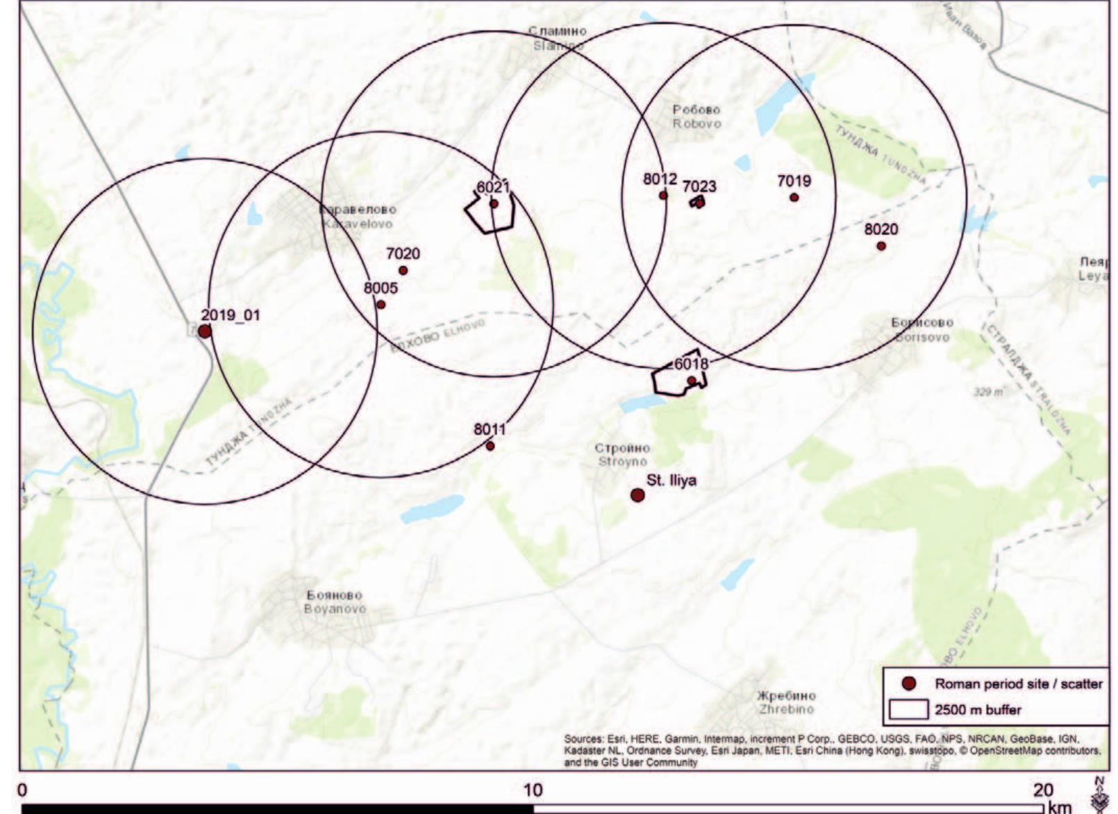 Fig. 3. Indication of 2500 m buffer zone around the larger rural settlements located along the Gerenska River (author P. Tuslovd) O6p. 3. Byqbepua 30Ha om 2500 m oKo/O no-2onemume nposuHYyUaAHU CenuLya, pasnooszceHu no nopeuuemo Ha pexa Tepeucxa (aemop P. Tuslova)  P. TuSlova, V. Cist'akova, T. Valchev, S. Bakardzhiev, P. Milo, T. Tencer, D. Salka 