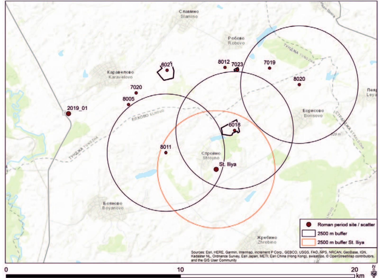 Fig. 4. Indication of 2500 m buffer zone around the larger rural settlements located along the Dereorman River (author P. Tuslovd) Oop. 4. Byqdbepua 30Ha om 2500 m oKo/O no-2onemume nposuHYUGAHU CenuLya, pasnoosceHu no nopeuuemo Ha peka JJepeopman (aemop P. Tuslovd) 