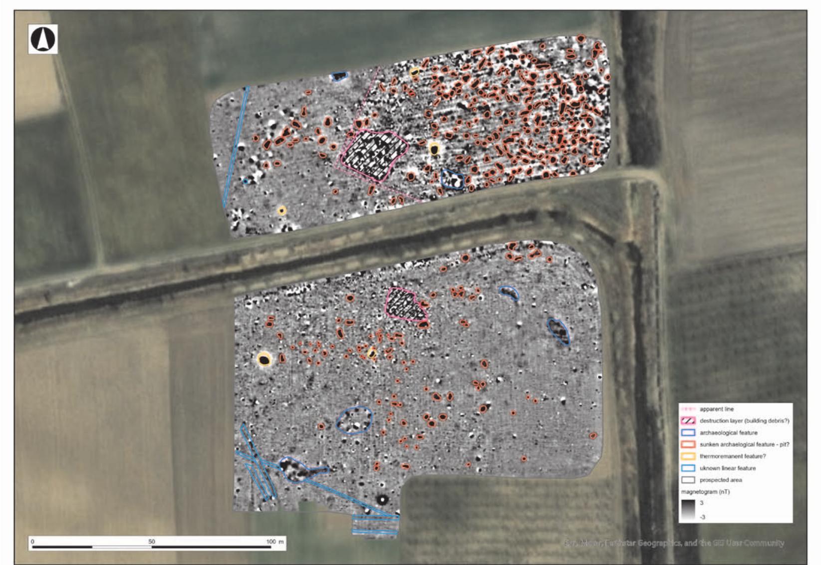 Fig. 10. Area east of Kabyle along the artificial irrigation channel of Azmak Dere with the geomagnetic prospection and marked features (map by P. Milo, T. Tencer and D. Sdlka) Oop. 10. Pationsm u3mouno om Ka6ure noxpati uzkycmeeHus HanoumeneH KaHaA Ha A3maK Oepe C pe3yimamume om zeomaeHumuama CHUMKa U MapkupaHu CmpyKmypu (kapma ua P. Milo, T. Tencer u D. Sdlka) 