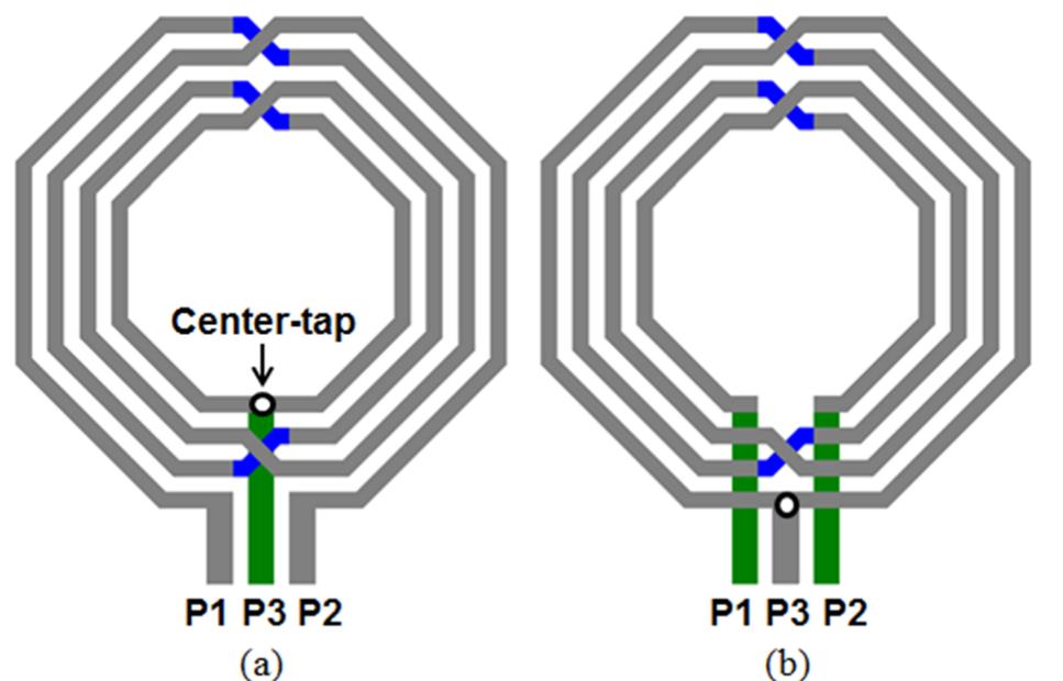 Two types of center-tapped spiral inductor layout: (a)