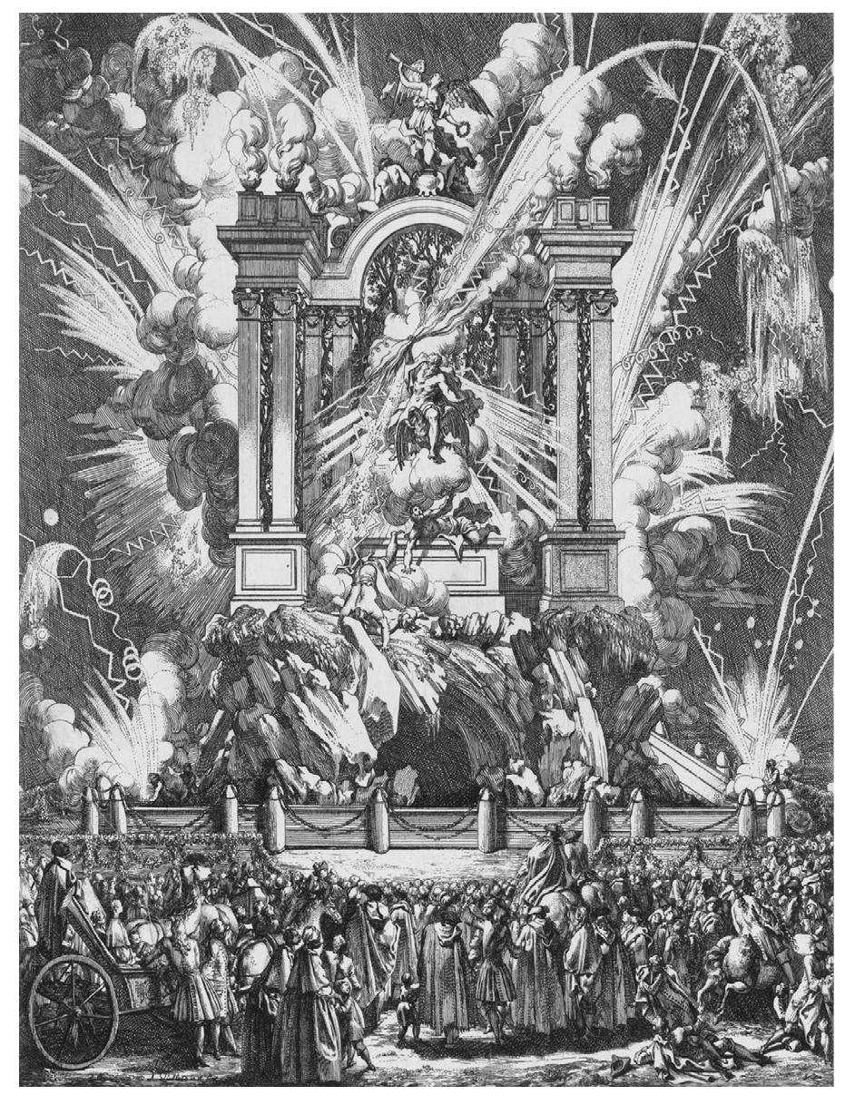 staged a metaphorical representation of the monarchy’s triumph over the enemies of the faith. The imperialist political message was undoubtedly articulated in the upper section of the castle, where a personification of Fame bearing a laurel wreath sounded her trumpet, while accompanying two enchained prisoners; given their long moustaches and shaven heads these would have been read as captive Turks, despite them not wearing turbans (Fig. 4).  Fig 4 : Pierre-Antoine Quillard, Capitoline Jupiter [Gigantomachy or Titanomachy], c.1728, engraving. Biblioteca Nacional de Portugal, Lisbon 