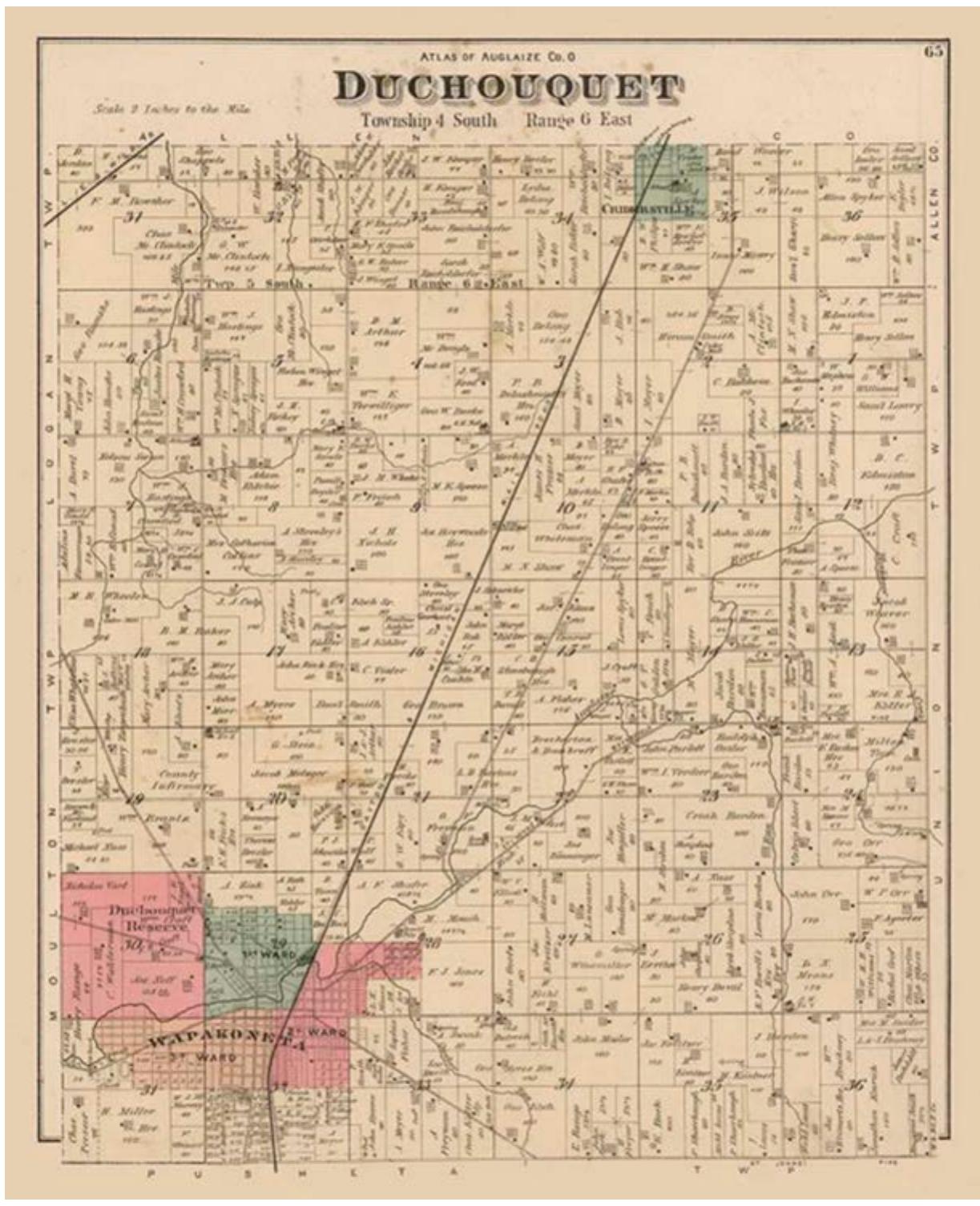 Figure 1. Duchouguet Township, Auglaize County, Ohio.*4  rights to or afford land of their own, lured by the promise of inexpensive farmland in the United States—were among the first European “pioneers” in an area newly voided of Indigenous peoples. They purchased one hun- dred square acres of land that only a fewyears prior had been the heart of a Shawnee reservation.” Their plot in the grid (see “Kreitzer” in the bottom center-right of Figure 1) reflects the “formal systems—colonial, military, and fiscal—that alchemized the lands of an Indian continent [...] into an abstraction, and thus a commodity ripe for speculation.” Land taken from the First People and sold to Second People—yeomen like my ances- tors—enabled the U.S. government to pay off its Revolutionary War debt.”* 