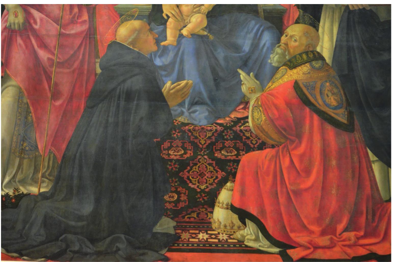 Fig. 7. Domenico Bigordi (Ghirlandaio), Madonna enthroned with two angels, Saint De- nis, Saint Dominic, Pope Saint Clement and Saint Thomas Aquinas, 1480-1485, Florence, Uffizi Gallery, inv. 8388, Detail (© Photo authors) 