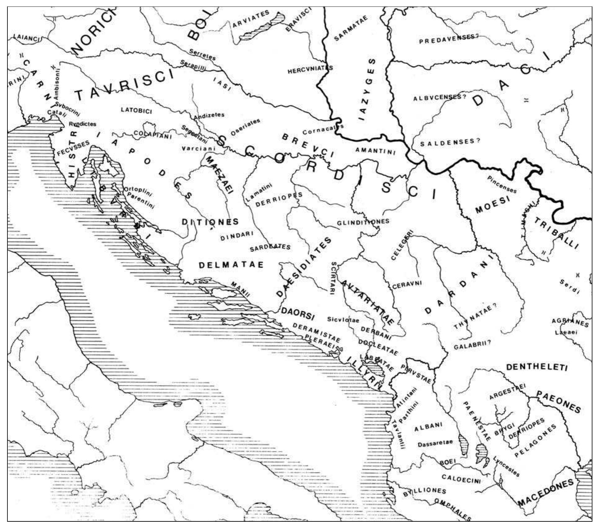 Fig. 2 The peoples of Upper and Lower Illyricum. From Saézz, in Keltoi, 1983, 13. 