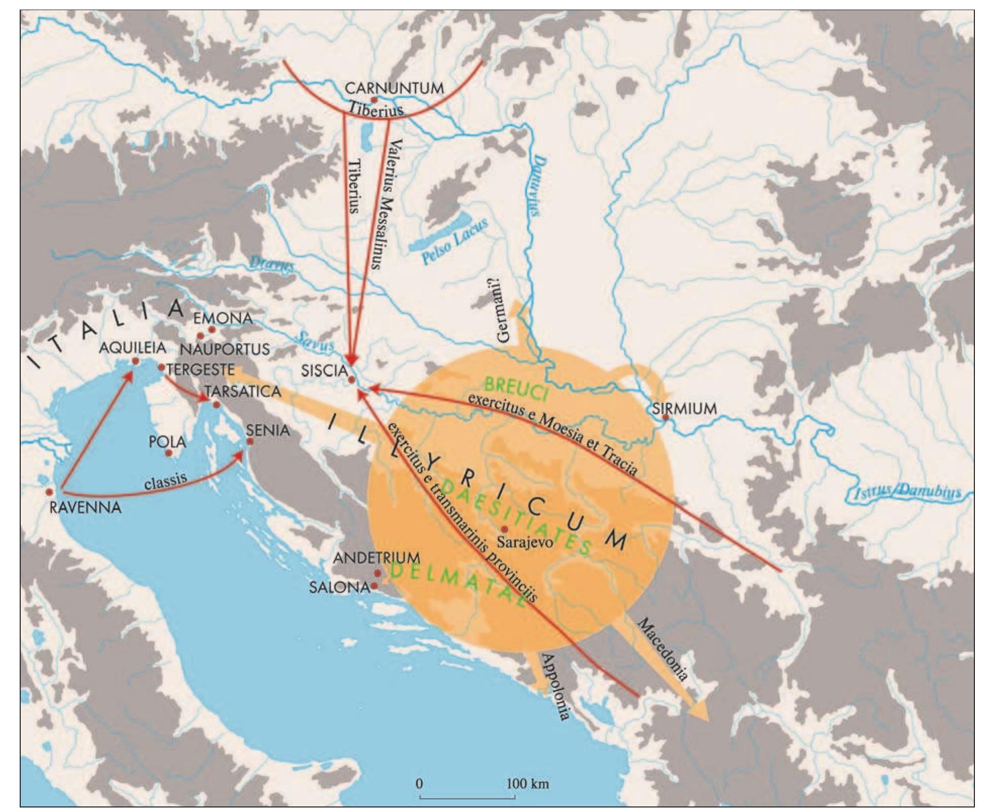 Fig. 3 The outbreak of the Pannonian-Dalmatian rebellion in AD 6. Following Sasex Kos 1986, 191 (computer graphics M. Belak). 