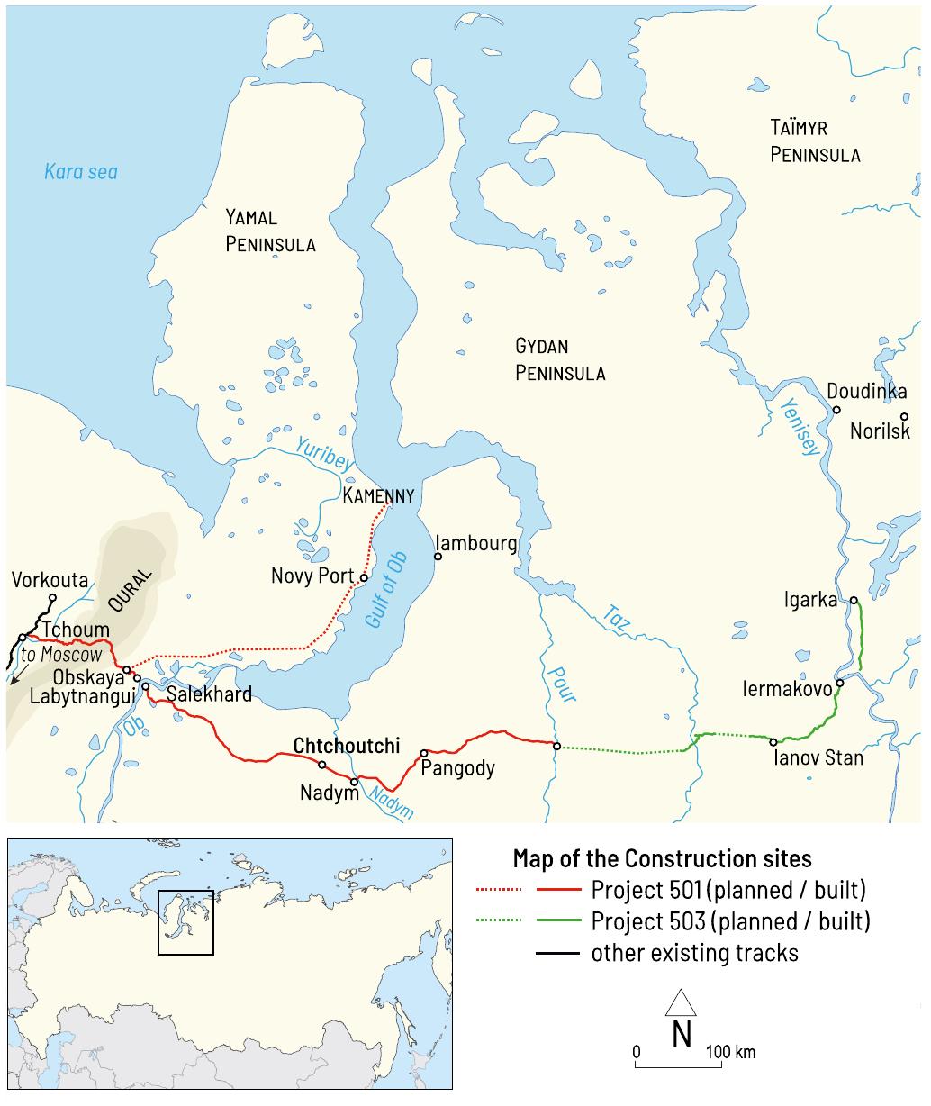 Figure 1. Map of the Yamal region and Construction sites 501/50: (J. André).  The results of this research have been partially published  online (Changing Arctic Team. n.d.) and in a collective book (Verdan 2021). 