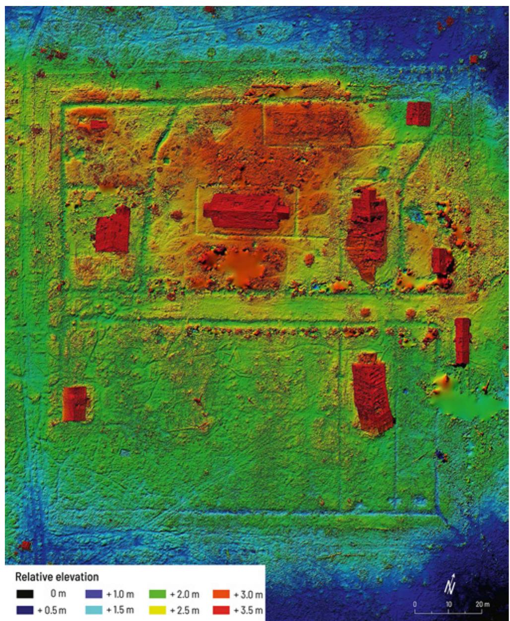 Figure 3. Digital elevation model (DEM) of camp 93 (June 2019). The picture helps to identify the elements hidden by the vegetation, such as the drains (J. André). 