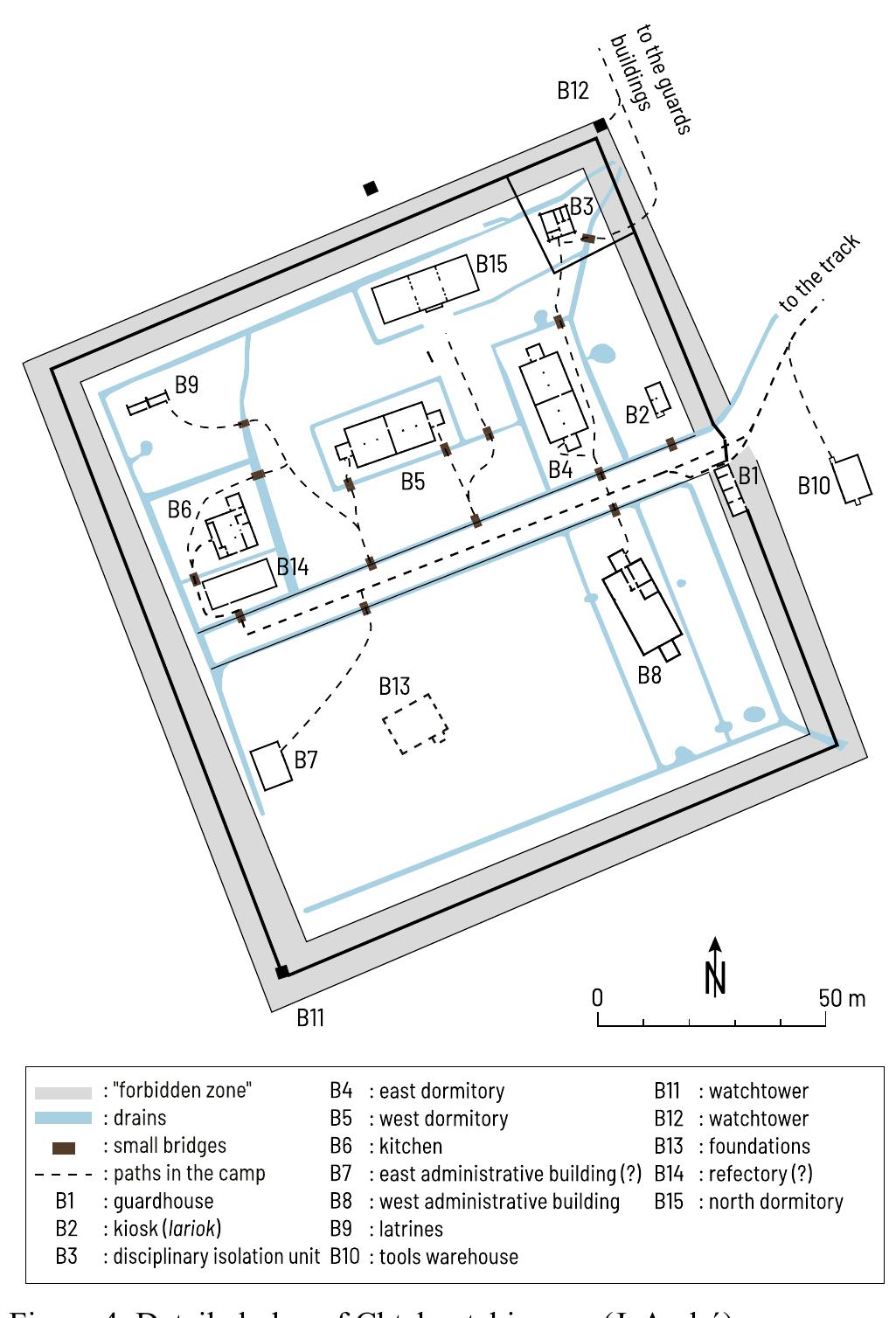 The buildings sat on wooden posts with a roughly carved point, embedded deeply into the ground (diameter of 30 cm, more than 50 cm depth). Such posts were used to support the angles and the central colonnade, and were also placed in regular intervals below the external walls. 