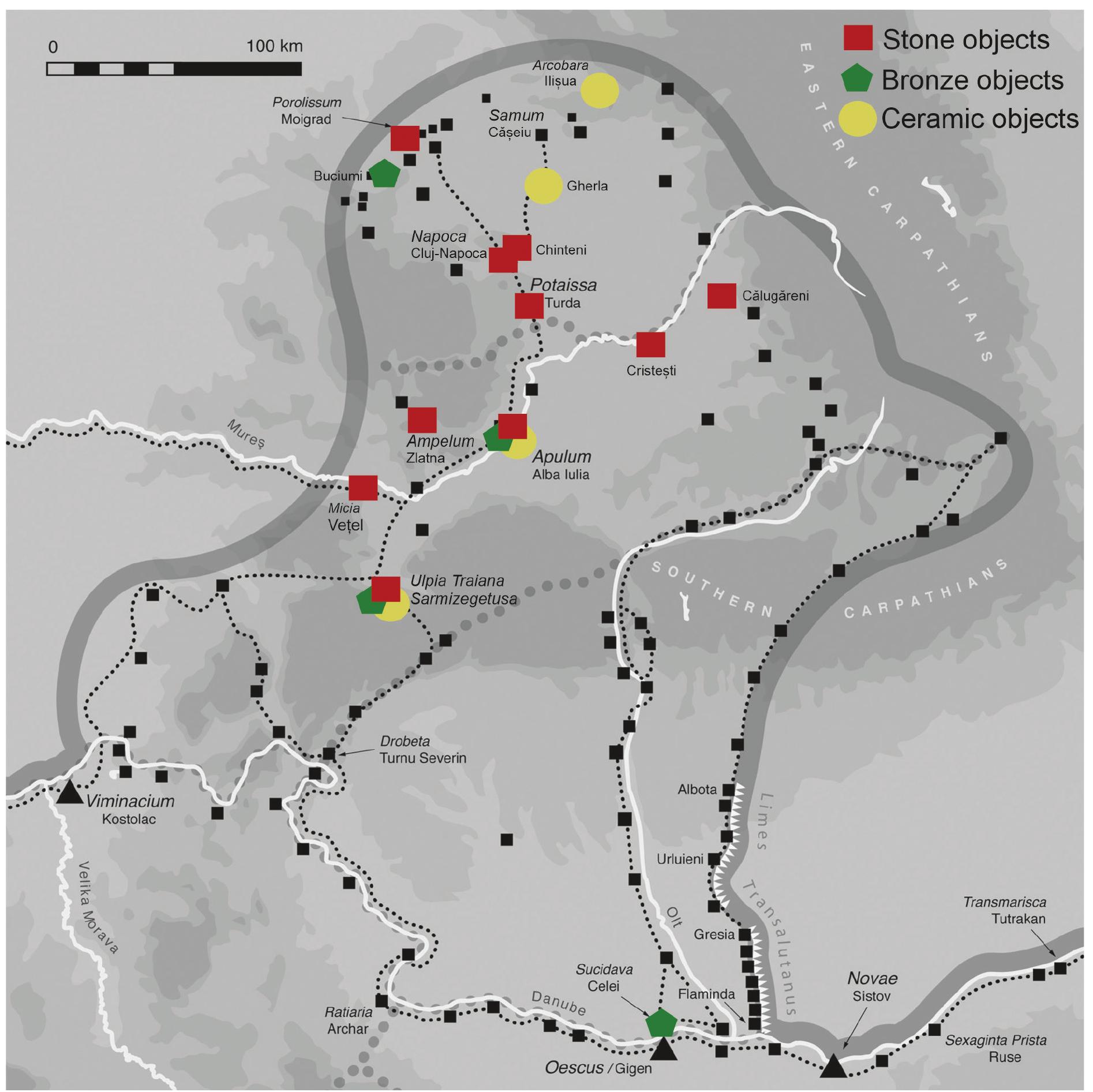 Fig. 1. Map of Roman Dacia with the location objects portraying Jupiter - Ammon (Danube Limes-UNESCO World Heritage/Pen&Sword/CHC- University of Salzburg, authors: David Breeze and Kurt Schaller). 