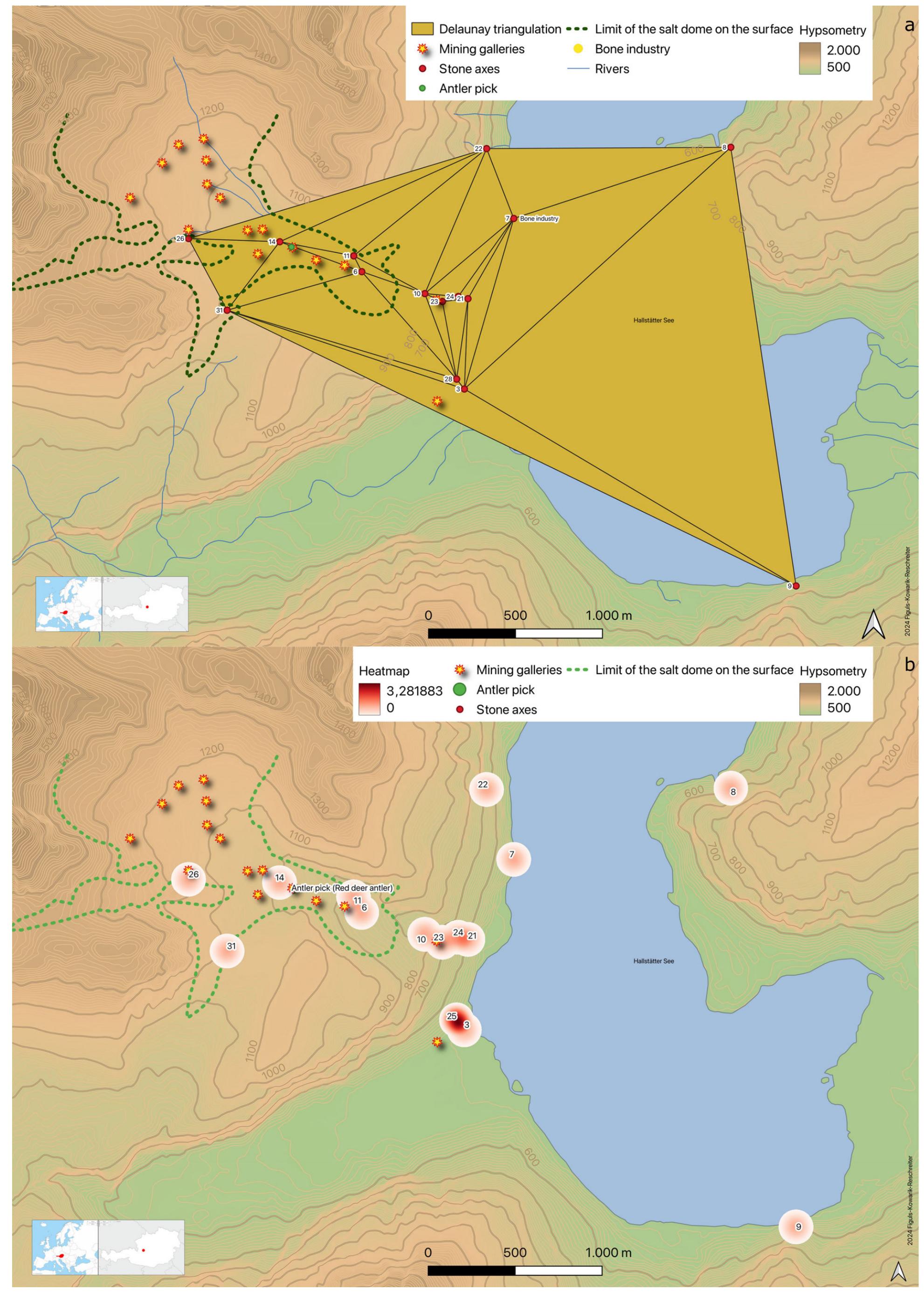Map of the delaunay triangulation. b) heatmap. hallstatt map