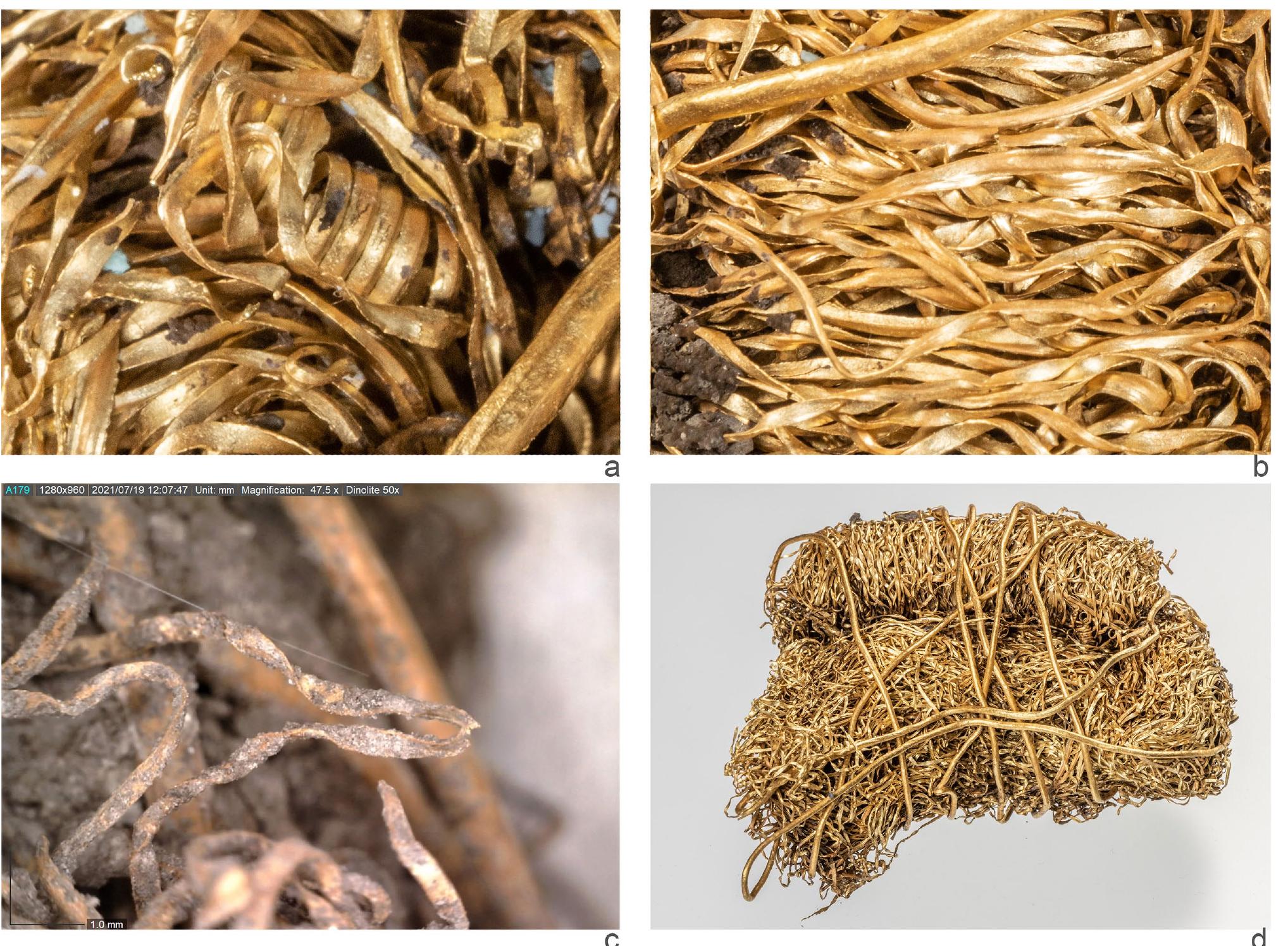 Fig. 4: Ebreichsdorf gold threads: Selection of structures visible on the surface of the gold thread bundle, images at 50x magnification taken with a DinoLite digital microscope. A) coiling; b) parallel threads; c) single wrappings (?); d) overall overview of the gold bundle (Images: Kayleigh Saunderson and Alice Schumacher, NHM Vienna) 