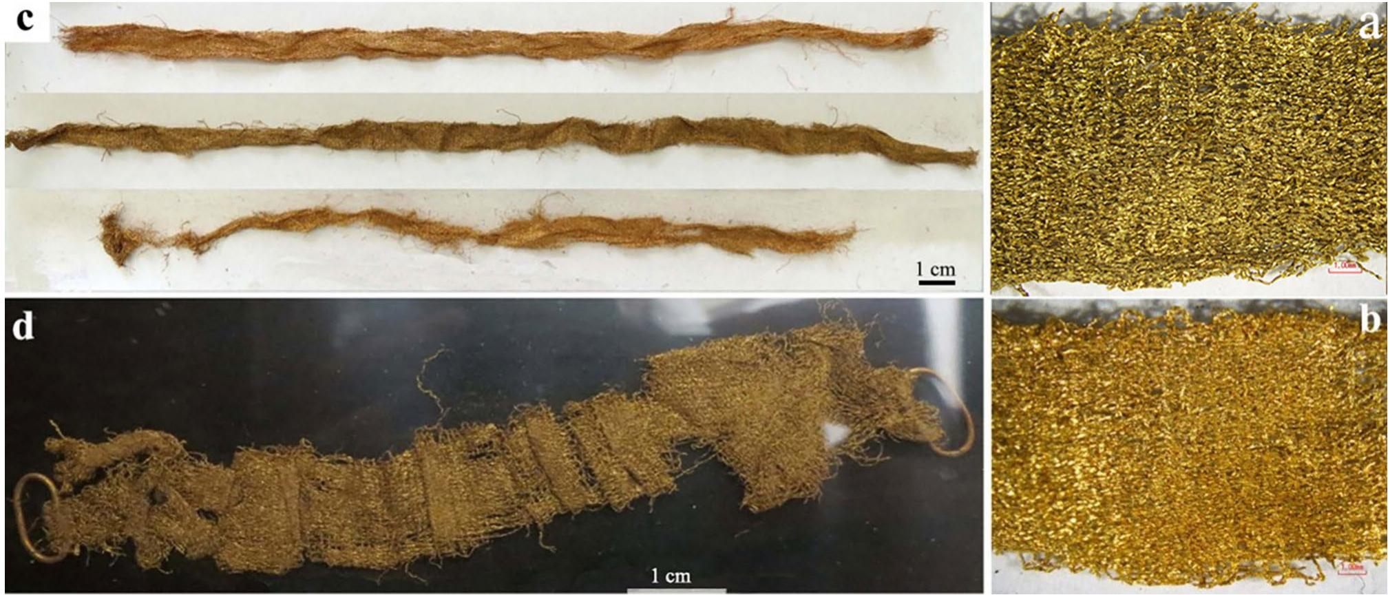 Fig. 6: Gold bands: a) gold band inv. no. 12879 under magnification; b) gold band inv. no. 11336 under magnification. The sample shows an evident copper-like tone due to the presence of the iron oxide inside the gold threads; c) examples of the narrow bands inv. nn. 11336, 12879, 6030; d) gold band with elliptic rings found at Oplontis (Photos: Francesca Coletti). 