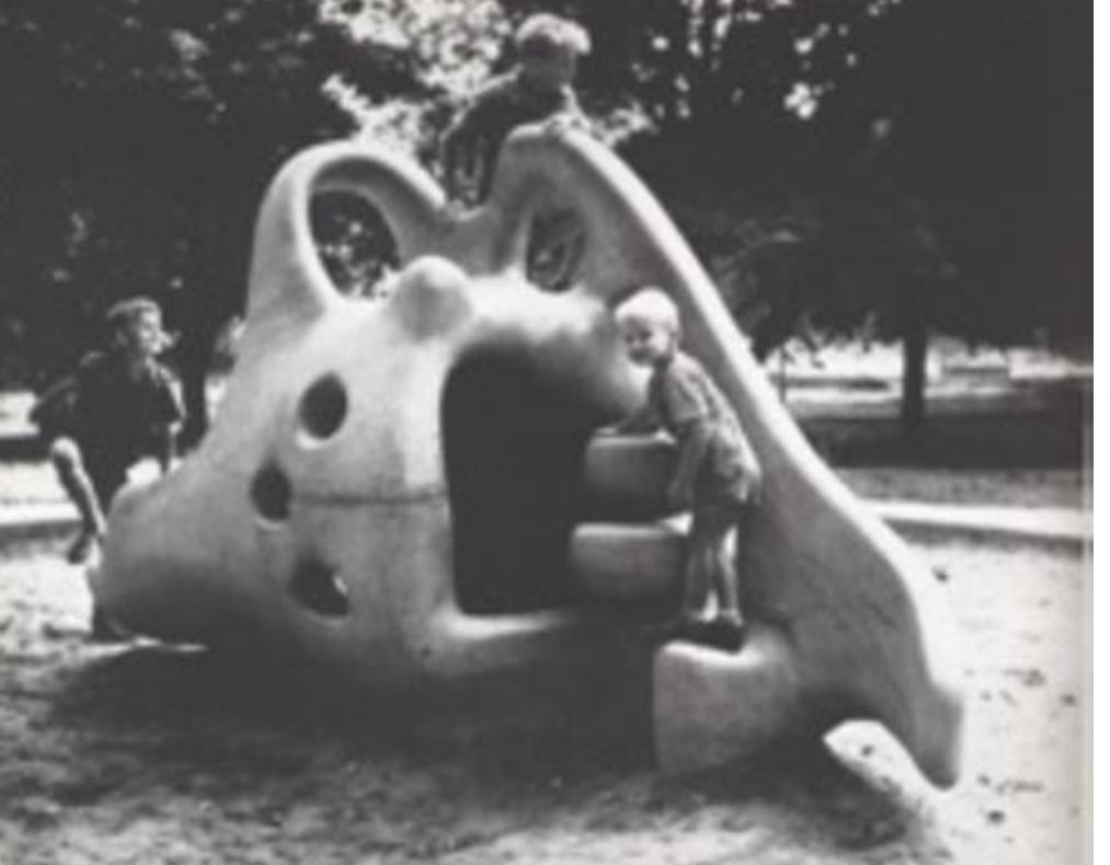 Sculptural or Abstract playground: Sculptural play items, which were introduced towards the end of the 1940s, were local playground equipment developed by artists and industrial designers who intended to enrich the landscape of playground planning via art (Stoiljkovi¢, 2006, p. 2) (fig.1). These items were designed with abstract shapes to encourage the child's imagination, provide a variety of play options, and enable many children to play concurrently inside a small space, (Sio, 2018, p. 26).  Continuous playground: Landscape playground designers succeeded to offer children a continuum play experience in an atmosphere of a total environment (Stoiljkovic, 2006, p. 2) in contrast to the vast majority of standardized playgrounds of isolated play equipment, which first emerged in the 1930s between sculptural experiments and aspiration for a richer public space (fig.2). The playground, which included topographic work, earth modulation, composite structures, sand, and water, aimed to provide children with a diverse play experience by linking spaces of varying heights to stimulate their physical and cognitive development (Sio, 2018, p. 34). 
