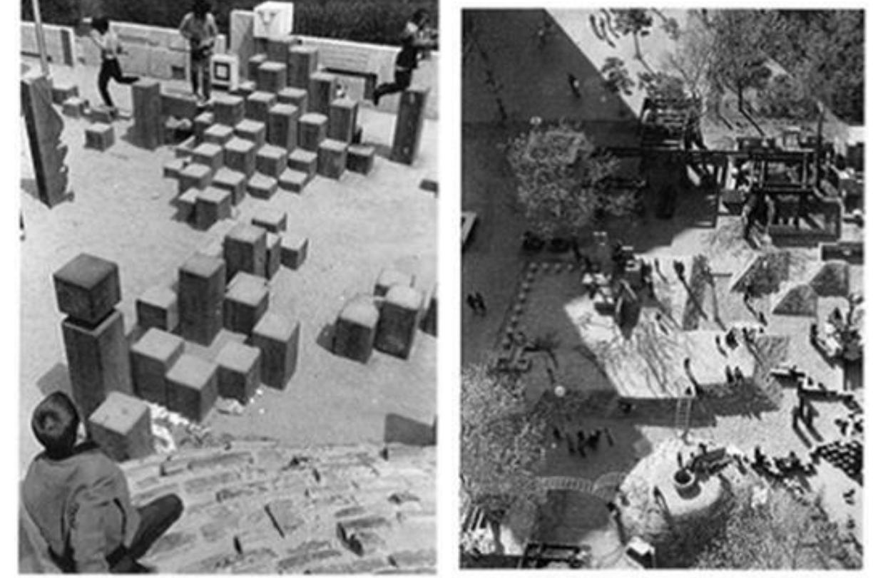 Fig. 3, Linked play model, (Sio, 2018, p. 38)  Linked playground: To better address children's play needs and social issues like juvenile delinquency, play environment designers started combining elements from both models of adventure and sculptural playgrounds (Stoiljkovi¢, 2006, p. 2) (fig. 3) in the middle of the 1960s. These designers were motivated by the vogue ideas of creativity in children's development and engagement with nature (Sio, 2018, p. 37), (Kaymaz, Oguz, & Hergiil, 2015, p. 16). 